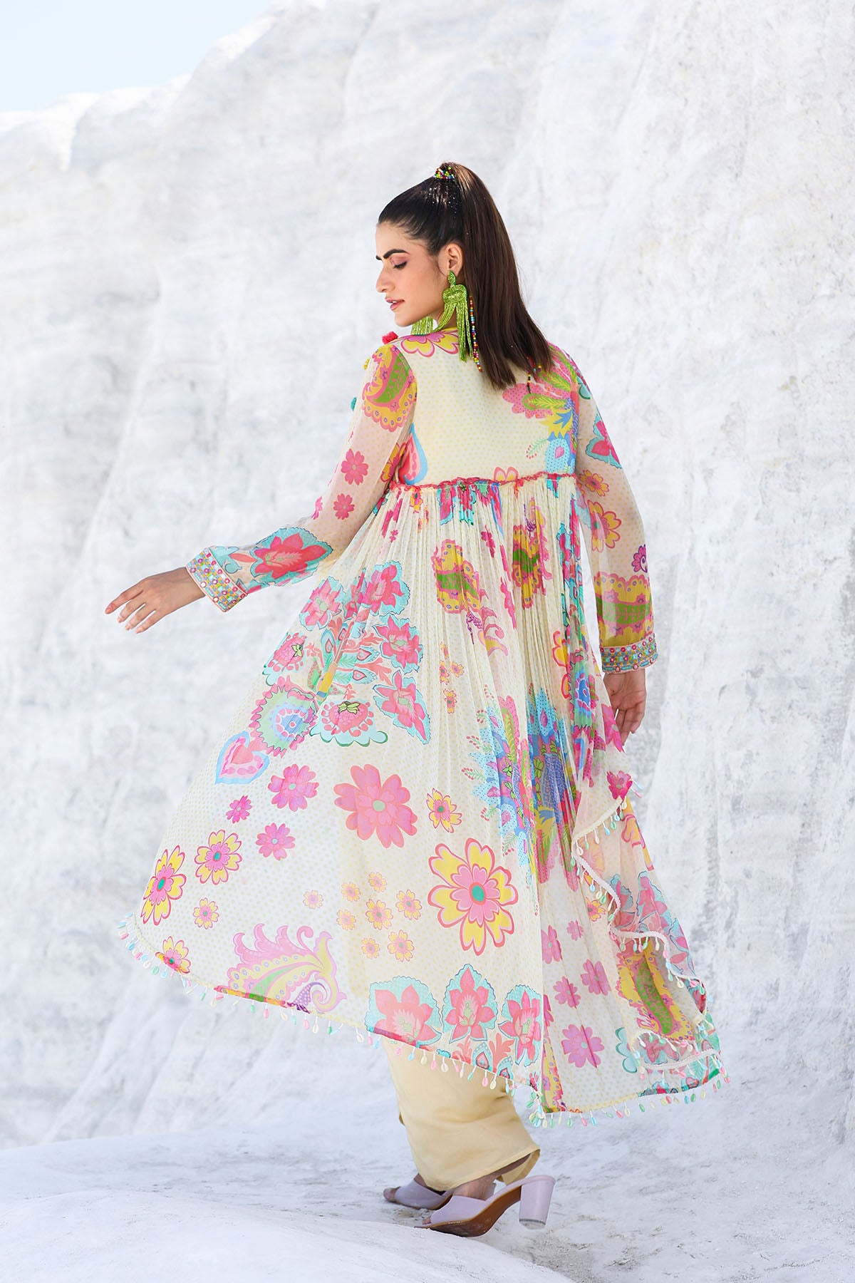 Cream Floral Chiffon Handwork Shrug Set