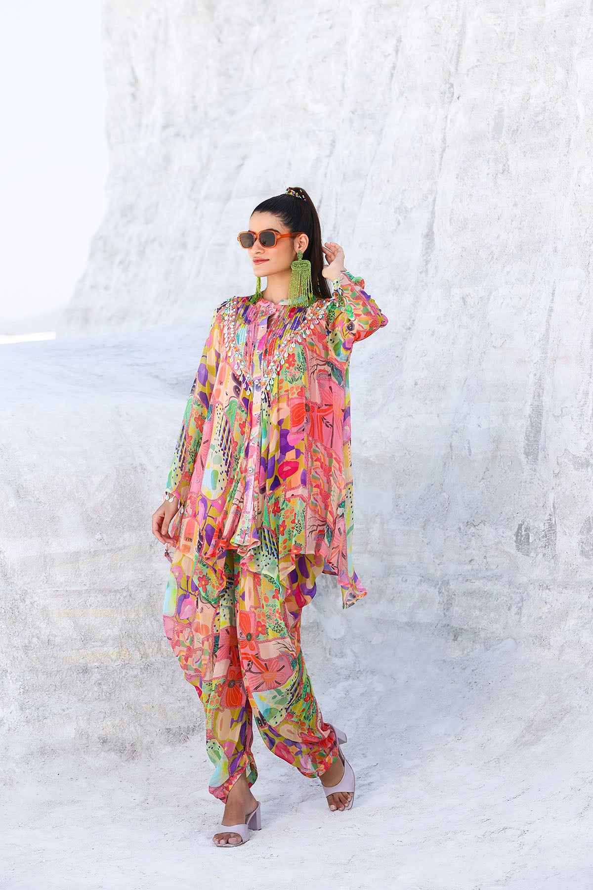 Pink Multicolor Chiffon Handwork Co-ord Set