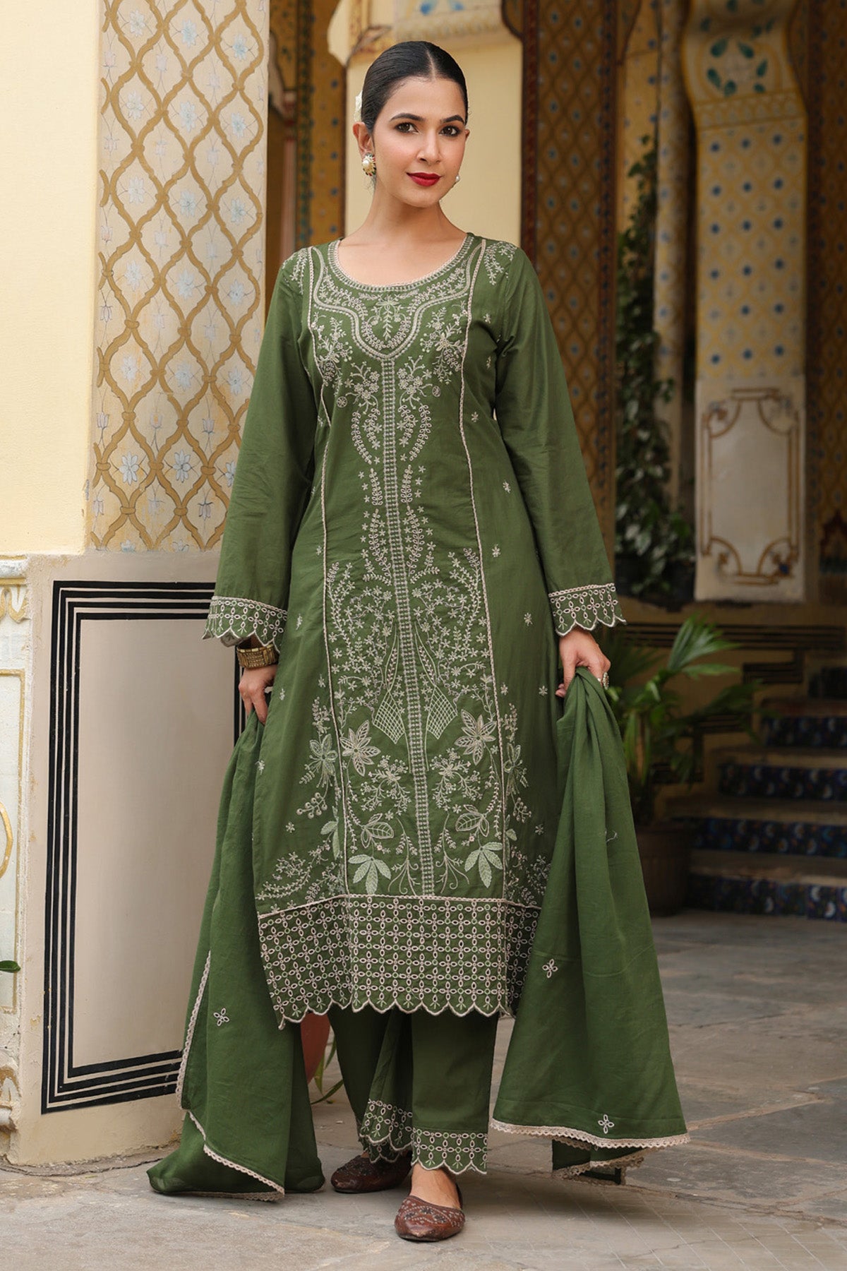 Olive Green Cotton Handwork Straight Suit Set With Dupatta