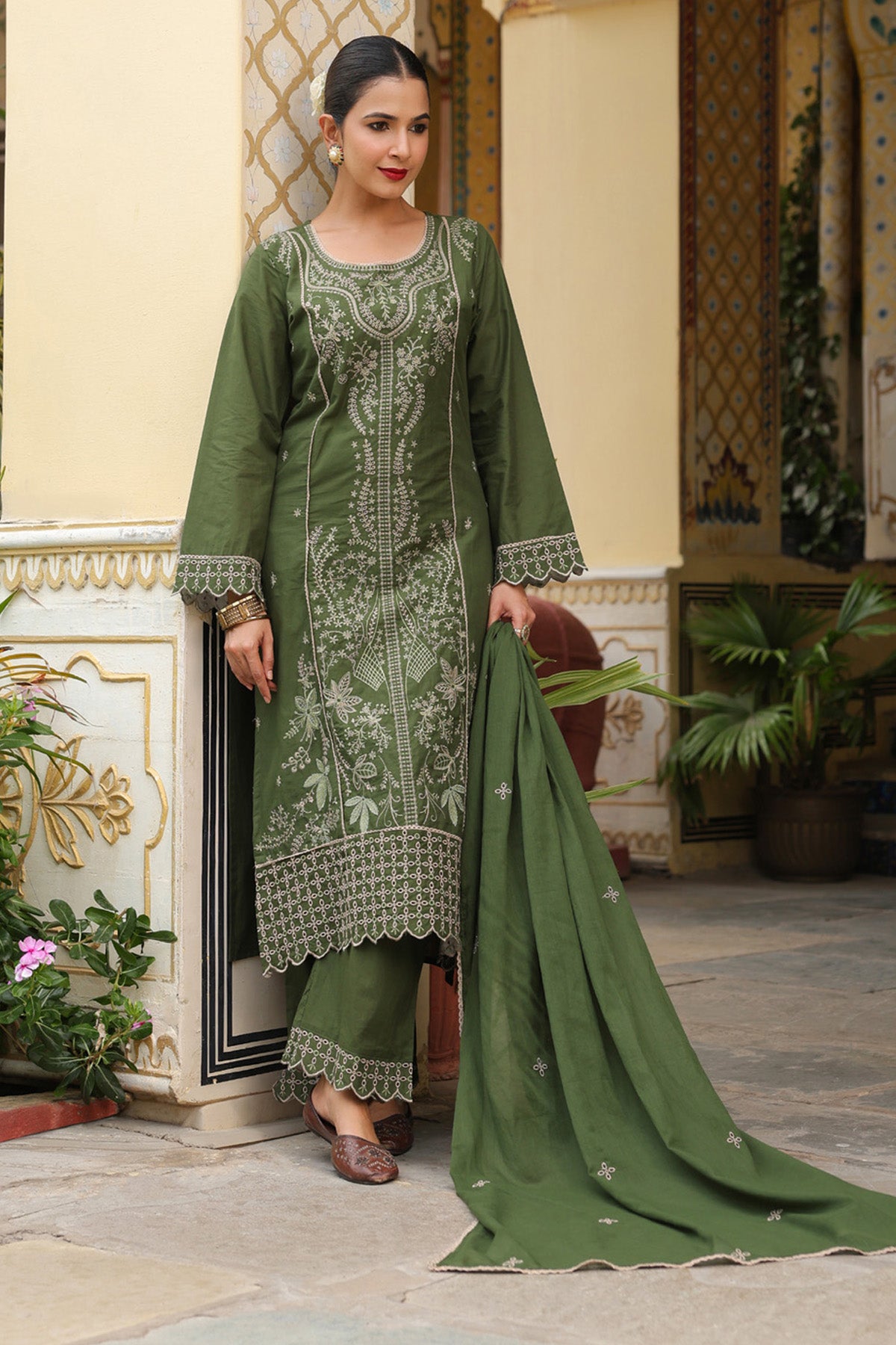 Olive Green Cotton Handwork Straight Suit Set With Dupatta