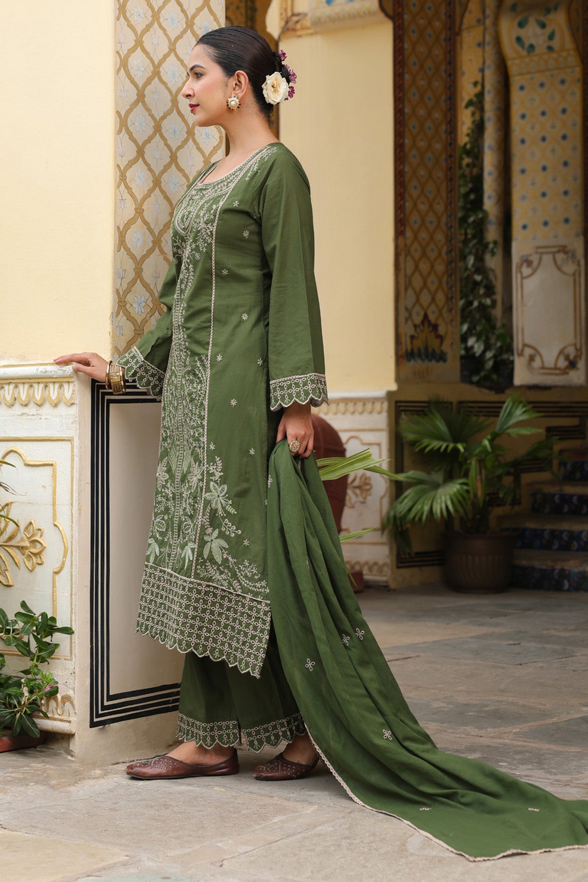 Olive Green Cotton Handwork Straight Suit Set With Dupatta