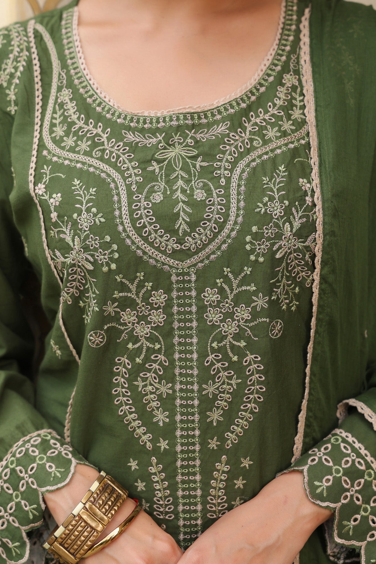Olive Green Cotton Handwork Straight Suit Set With Dupatta