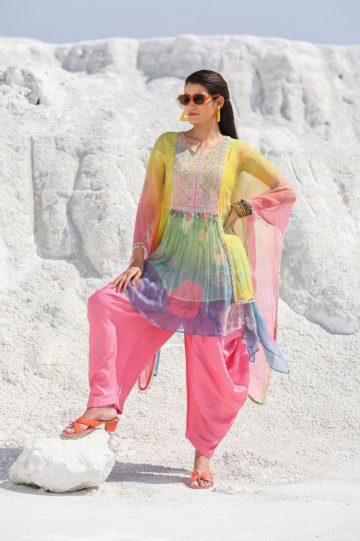 Yellow Multicolor Chiffon Embroidered Co-ord Set