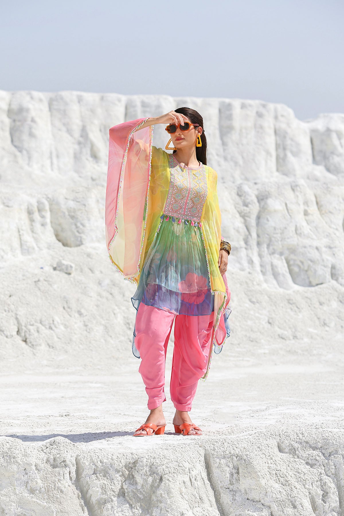 Yellow Multicolor Chiffon Embroidered Co-ord Set