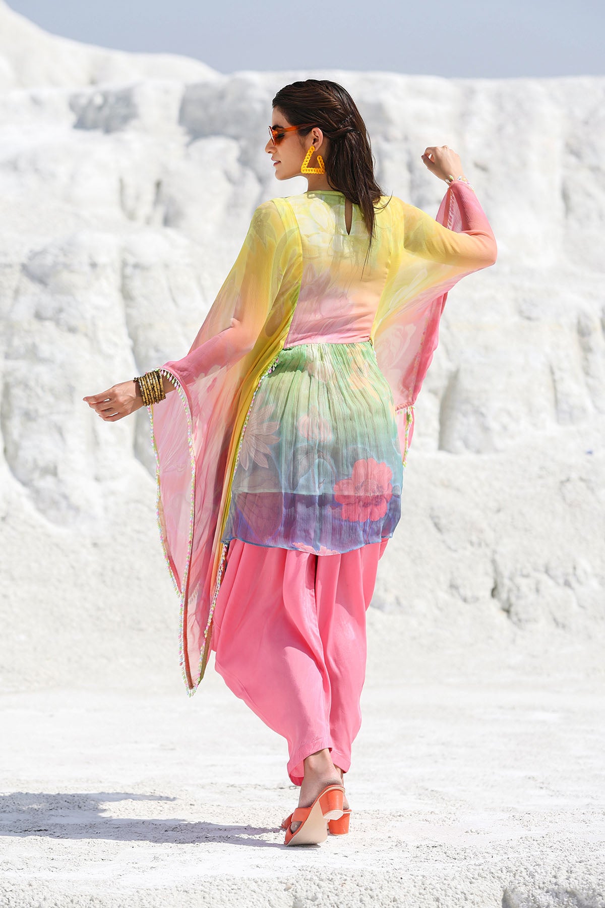 Yellow Multicolor Chiffon Embroidered Co-ord Set