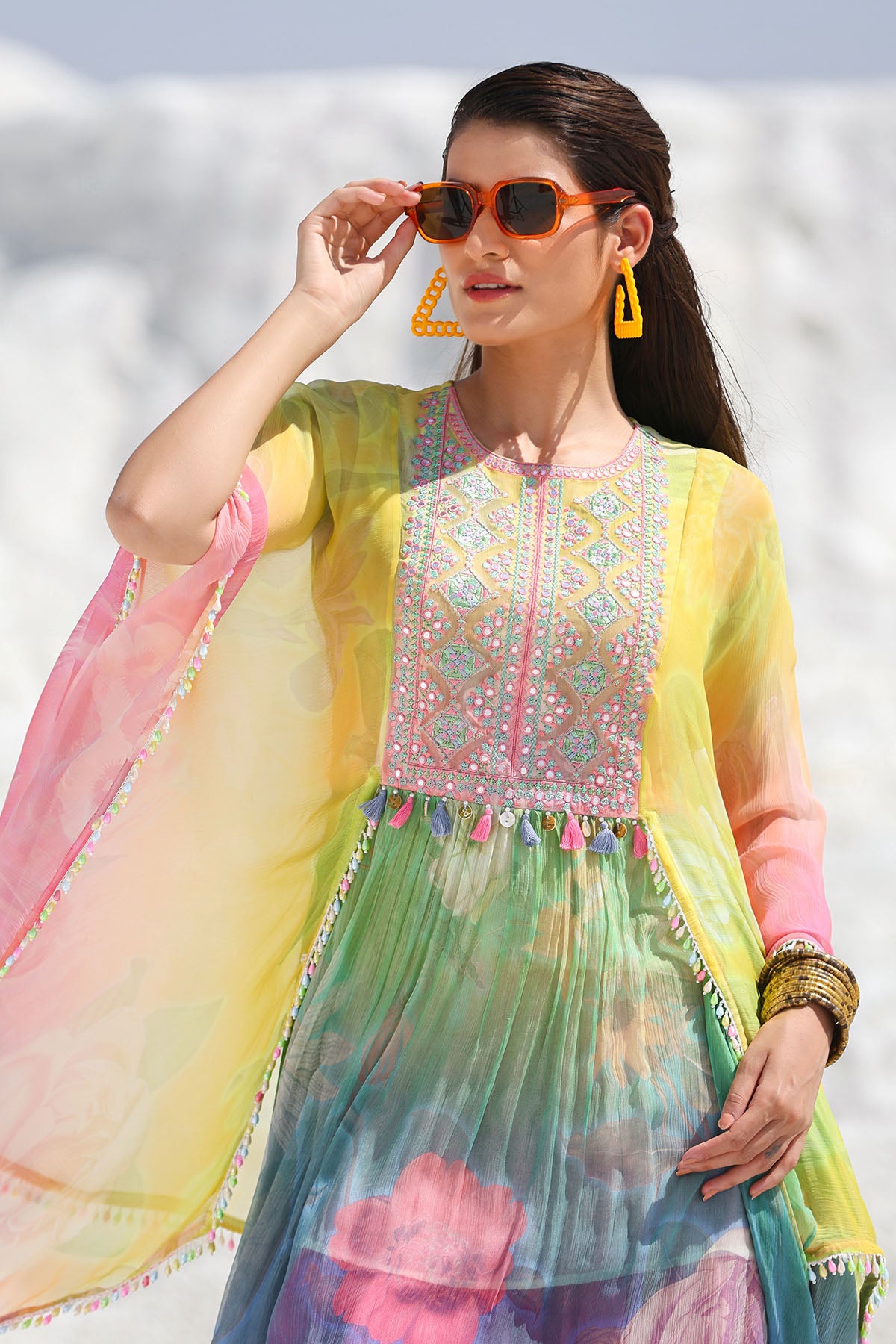 Yellow Multicolor Chiffon Embroidered Co-ord Set