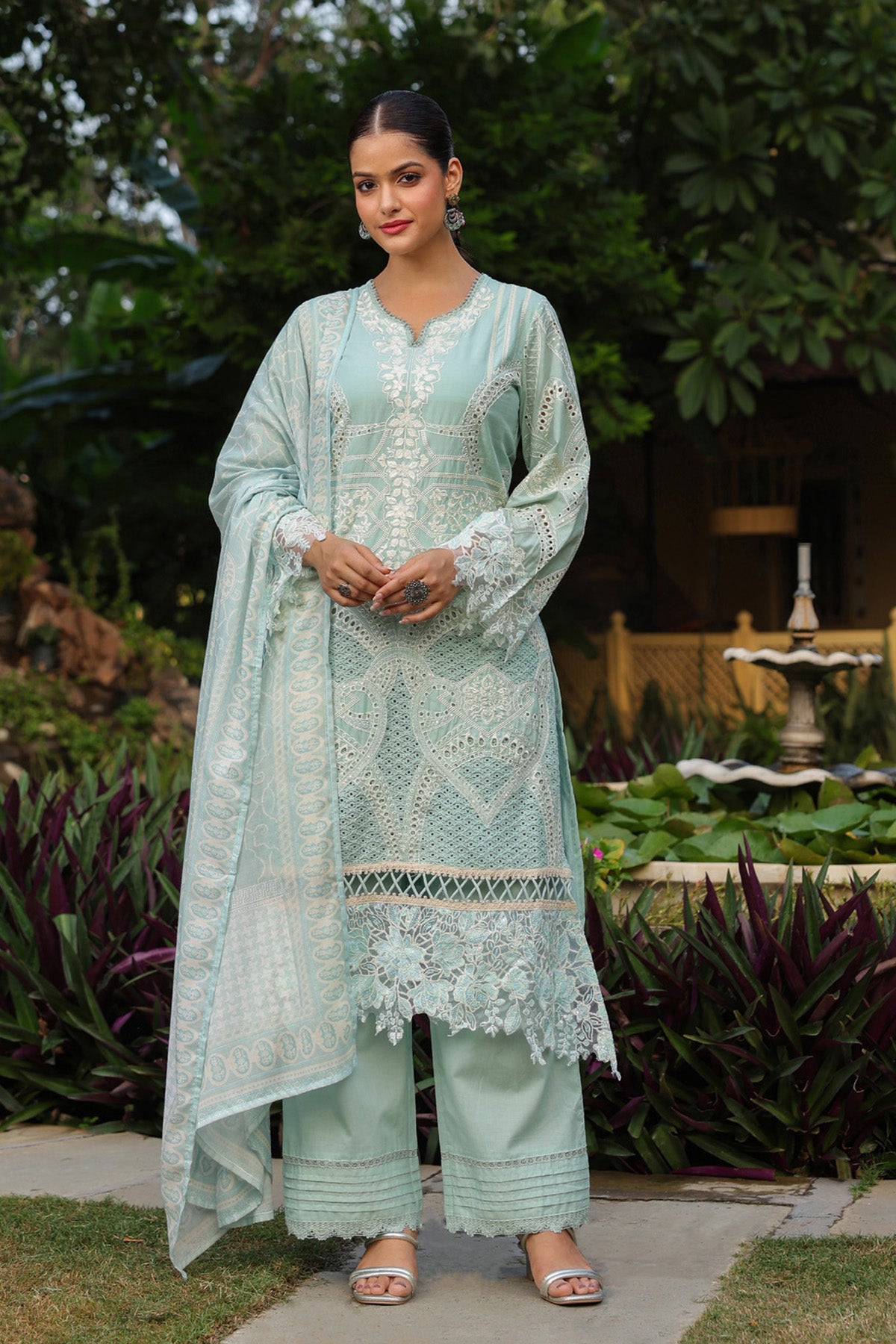 Pastel Mint Green Cotton Embroidered Pakistani Straight Suit Set With Dupatta