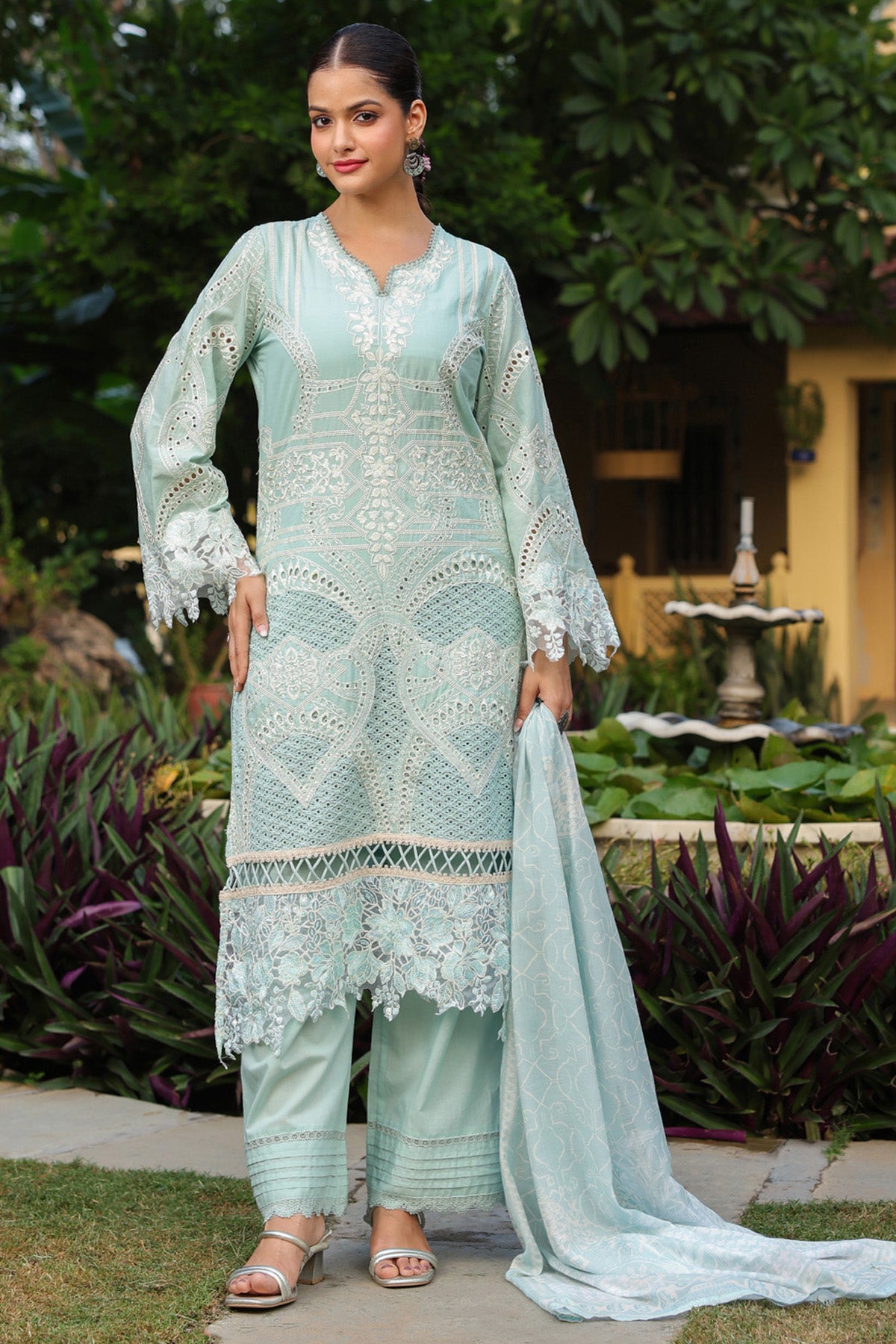 Pastel Mint Green Cotton Embroidered Pakistani Straight Suit Set With Dupatta