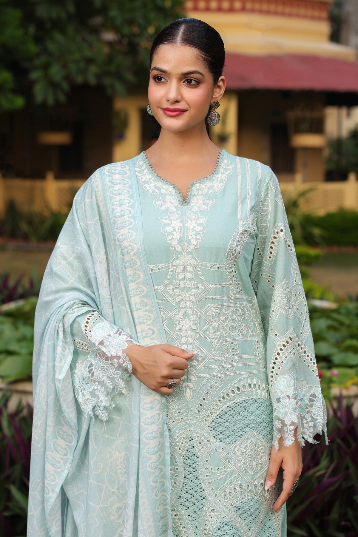 Pastel Mint Green Cotton Embroidered Pakistani Straight Suit Set With Dupatta