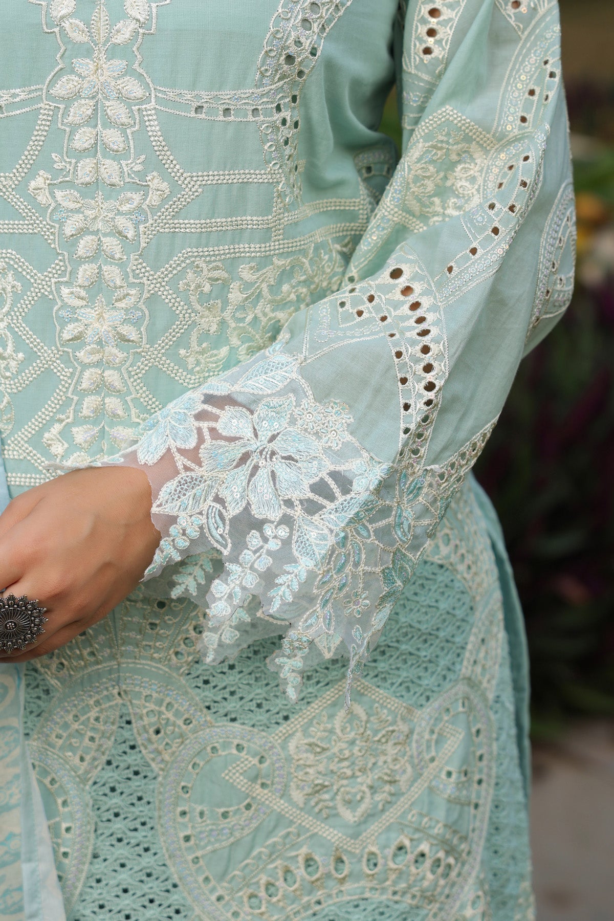 Pastel Mint Green Cotton Embroidered Pakistani Straight Suit Set With Dupatta