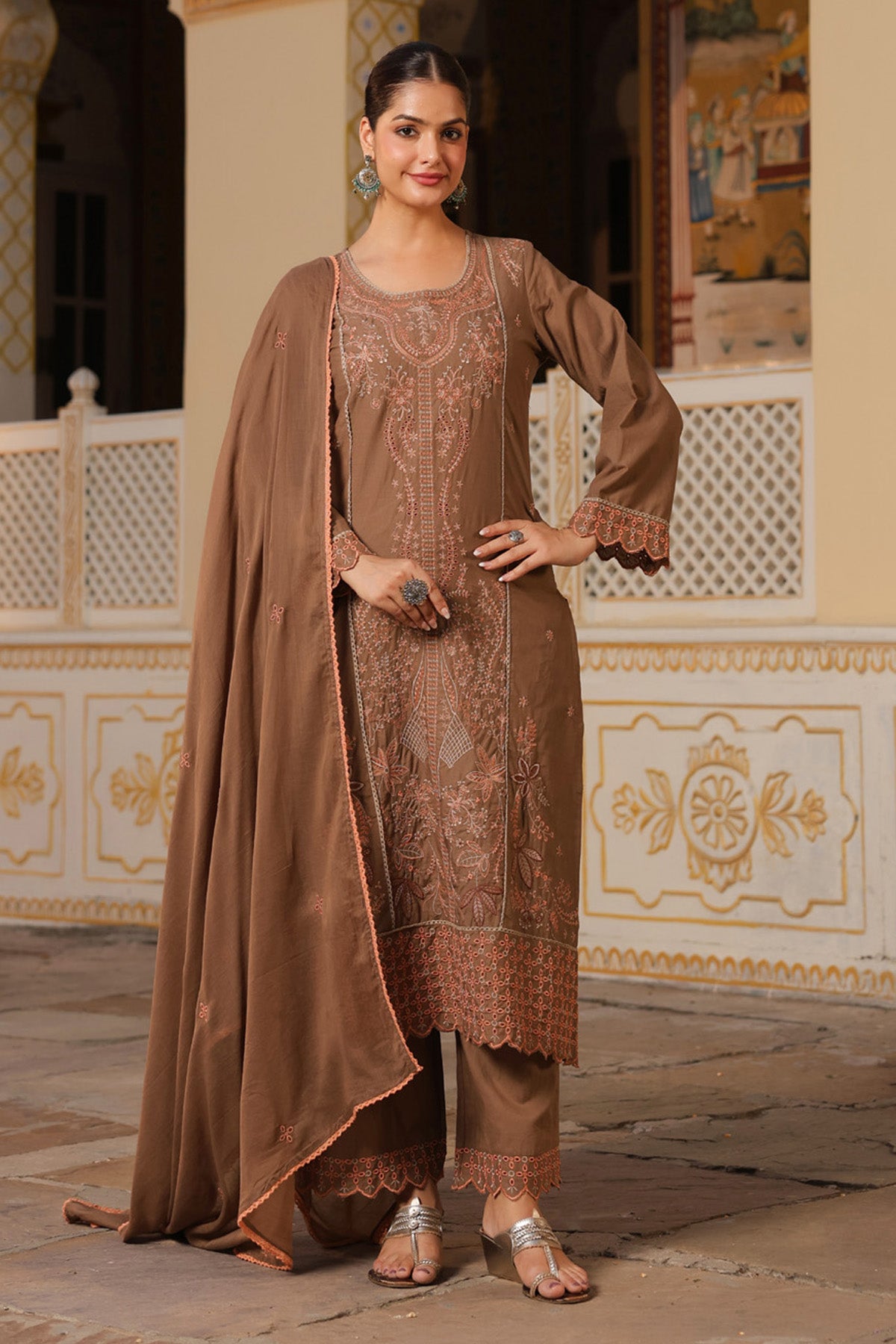 Mocha Brown Cotton Handwork Straight Suit Set With Dupatta
