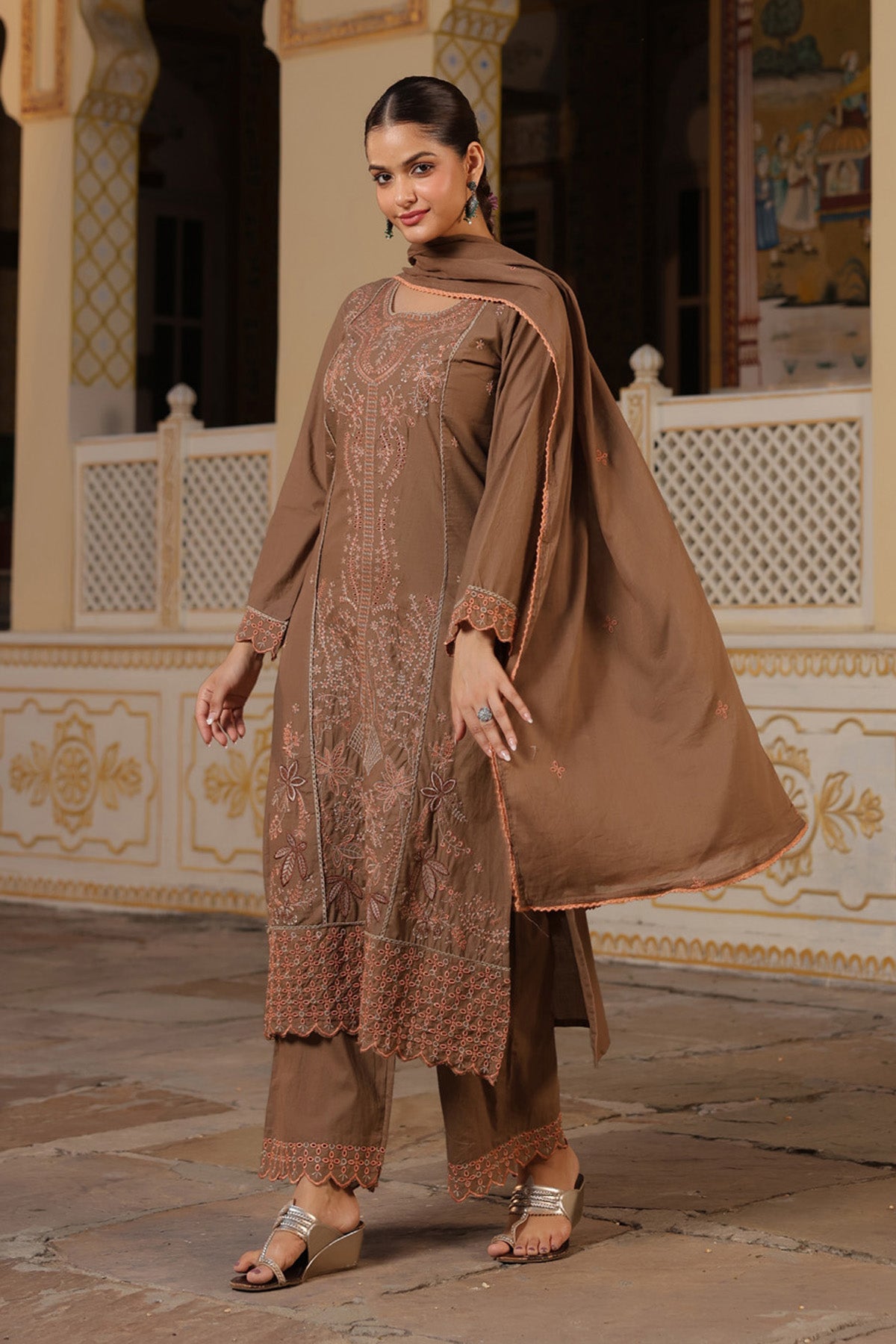 Mocha Brown Cotton Handwork Straight Suit Set With Dupatta