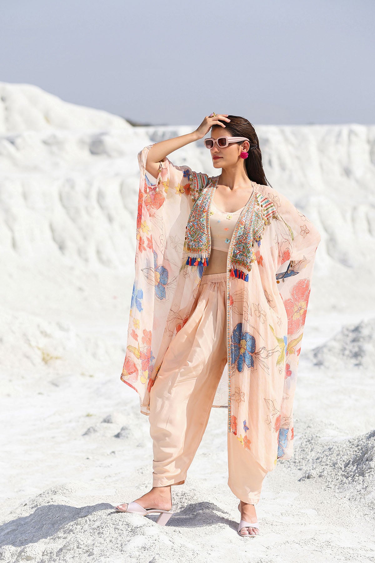 Pink Chiffon Handwork Shrug Dress