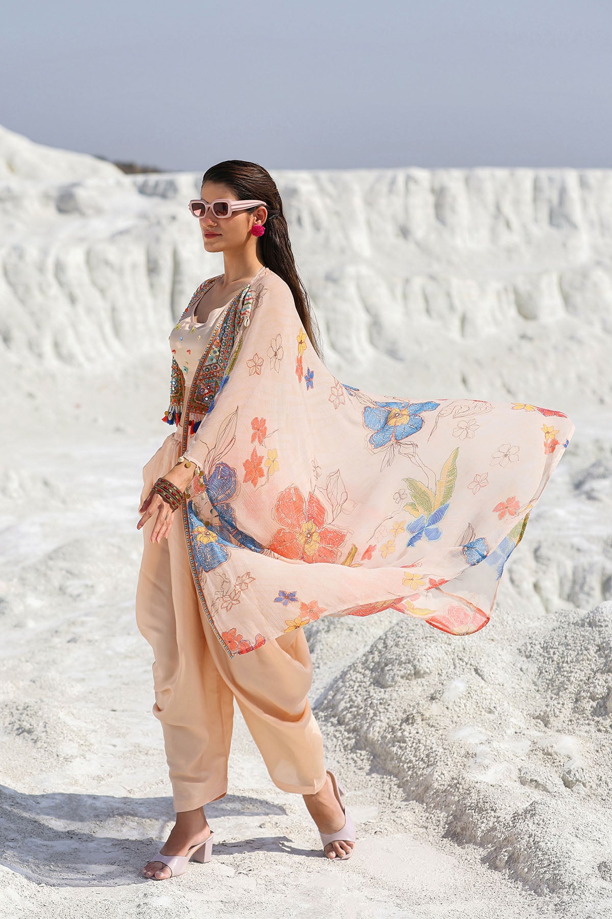 Pink Chiffon Handwork Shrug Dress