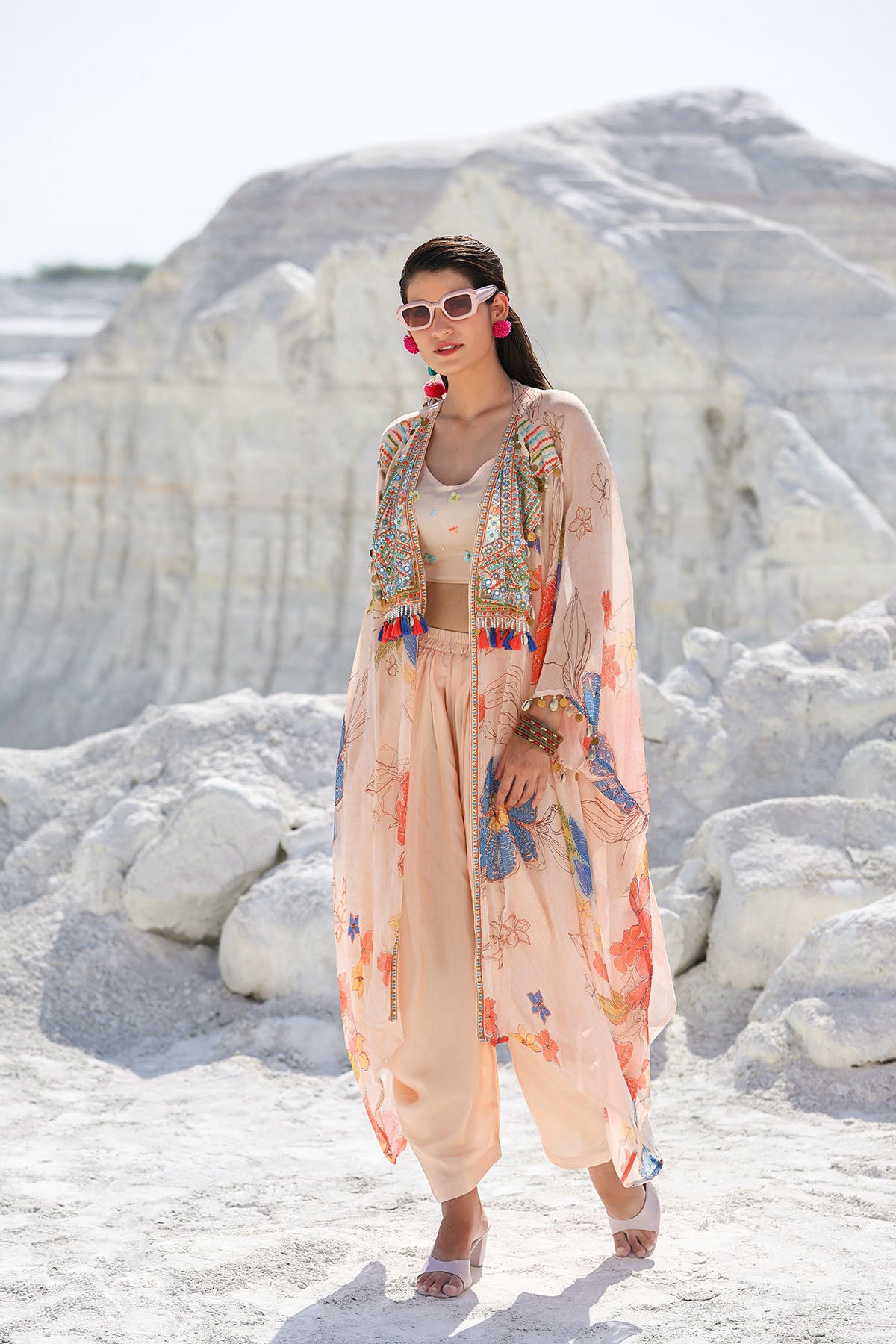 Pink Chiffon Handwork Shrug Dress