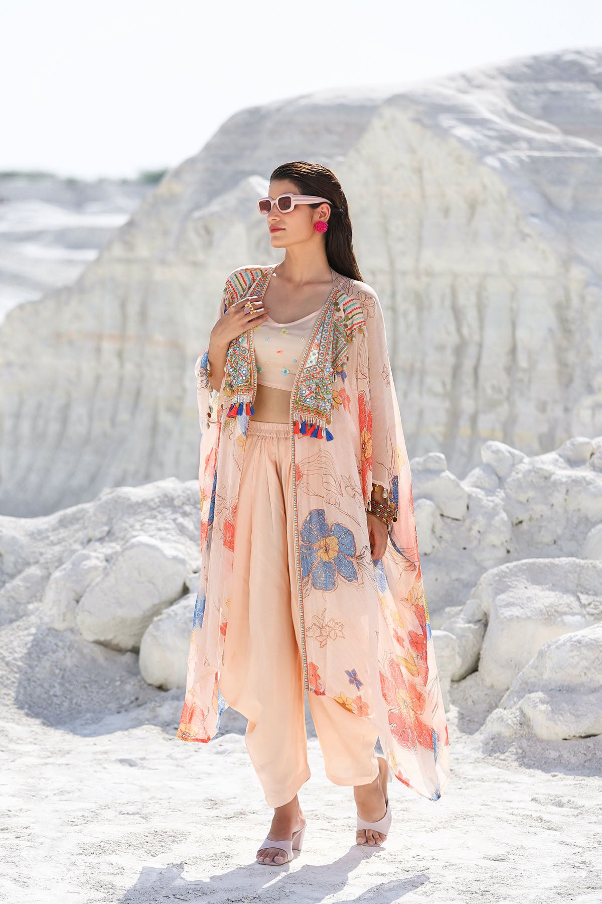 Pink Chiffon Handwork Shrug Dress