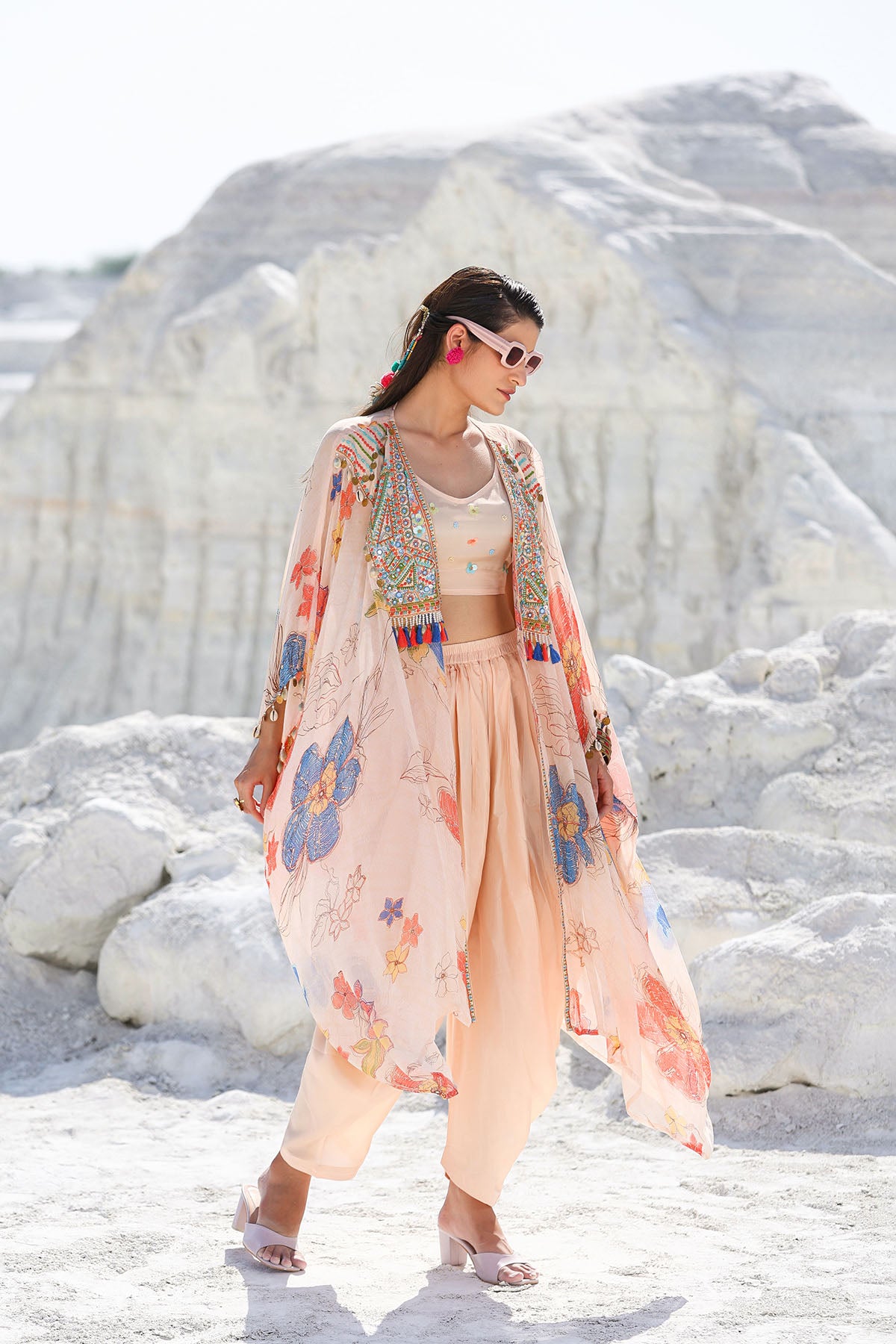 Pink Chiffon Handwork Shrug Dress