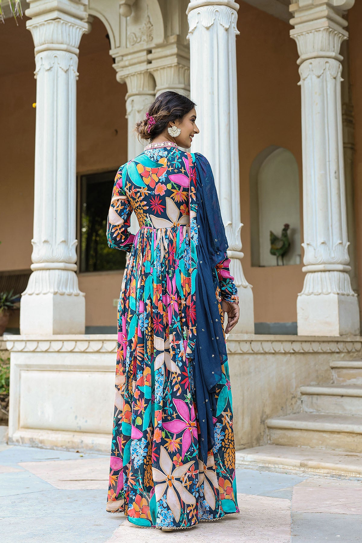 Blue Floral Chinon Handwork Anarkali Suit