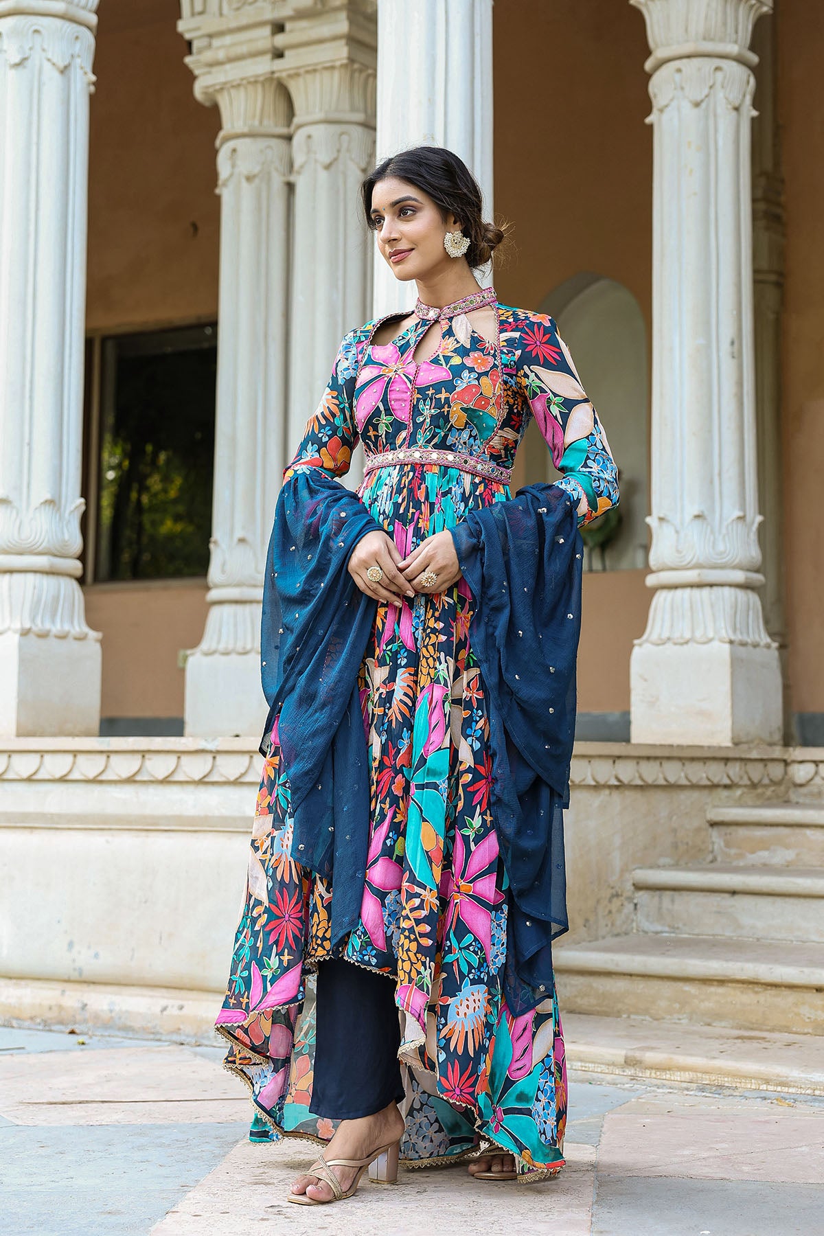 Blue Floral Chinon Handwork Anarkali Suit