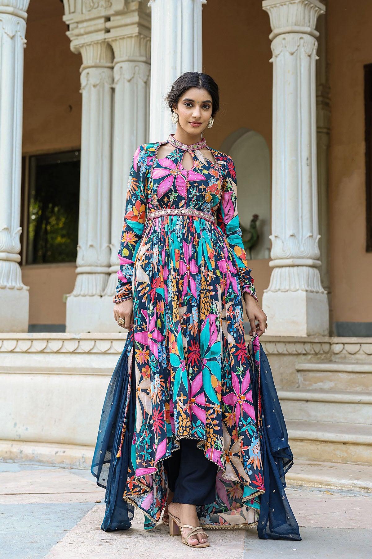 Blue Floral Chinon Handwork Anarkali Suit