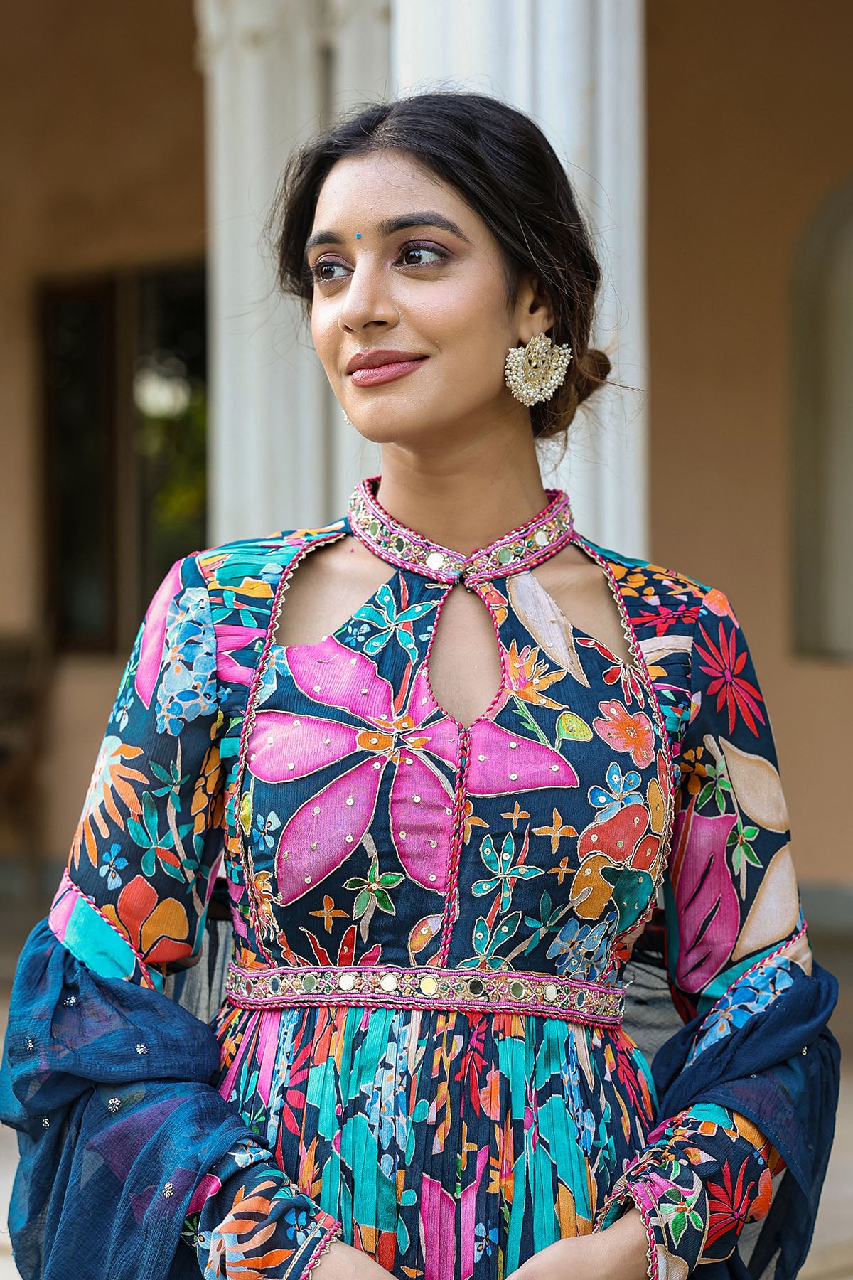 Blue Floral Chinon Handwork Anarkali Suit