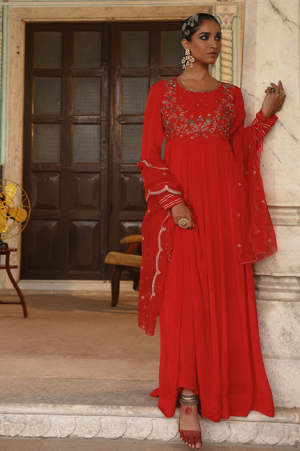 Rangreza Deep Red Chinon Handwork Long Gown With Dupatta