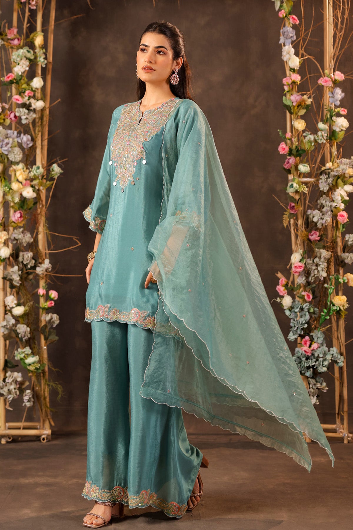 Teal Blue Chinon Silk Embroidered Kurta Set With Dupatta