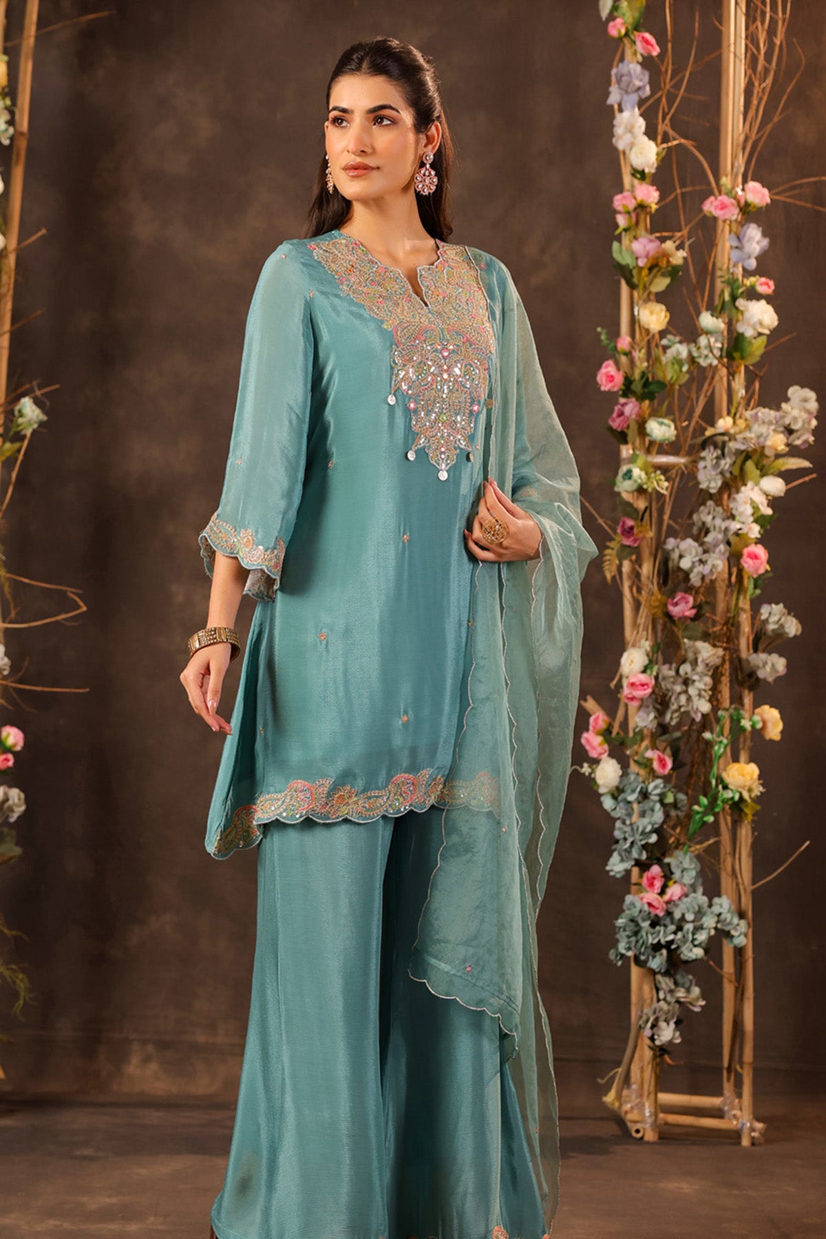 Teal Blue Chinon Silk Embroidered Kurta Set With Dupatta