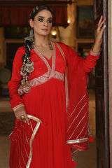 HERITAGE RED CREPE HANDWORK LONG GOWN WITH DUPATTA