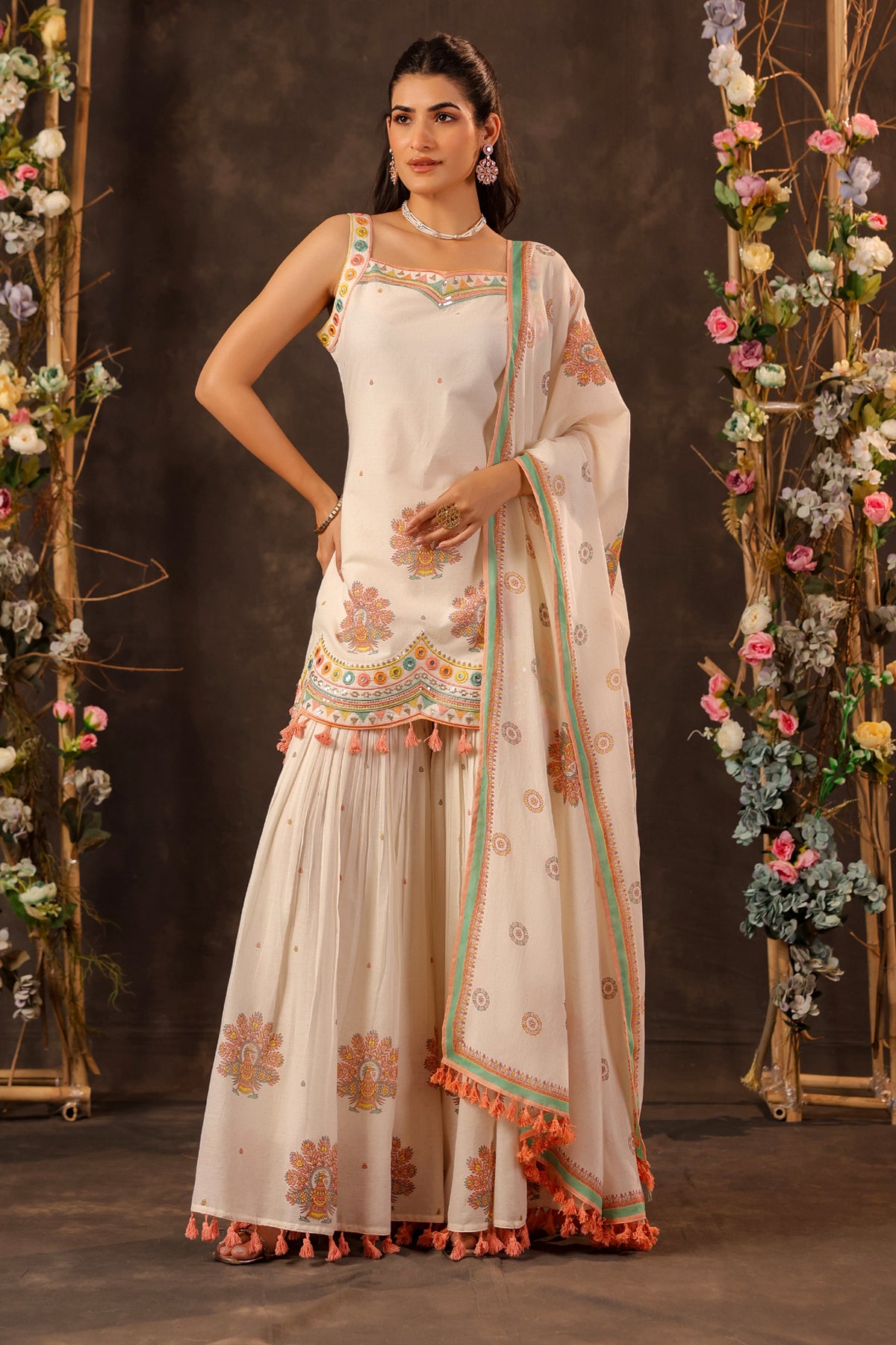 Off White Cotton Embroidered Sharara