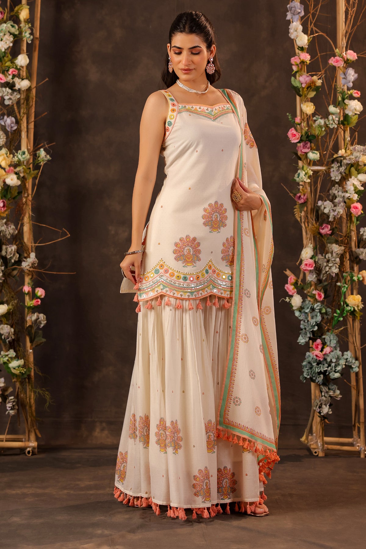 Off White Cotton Embroidered Sharara