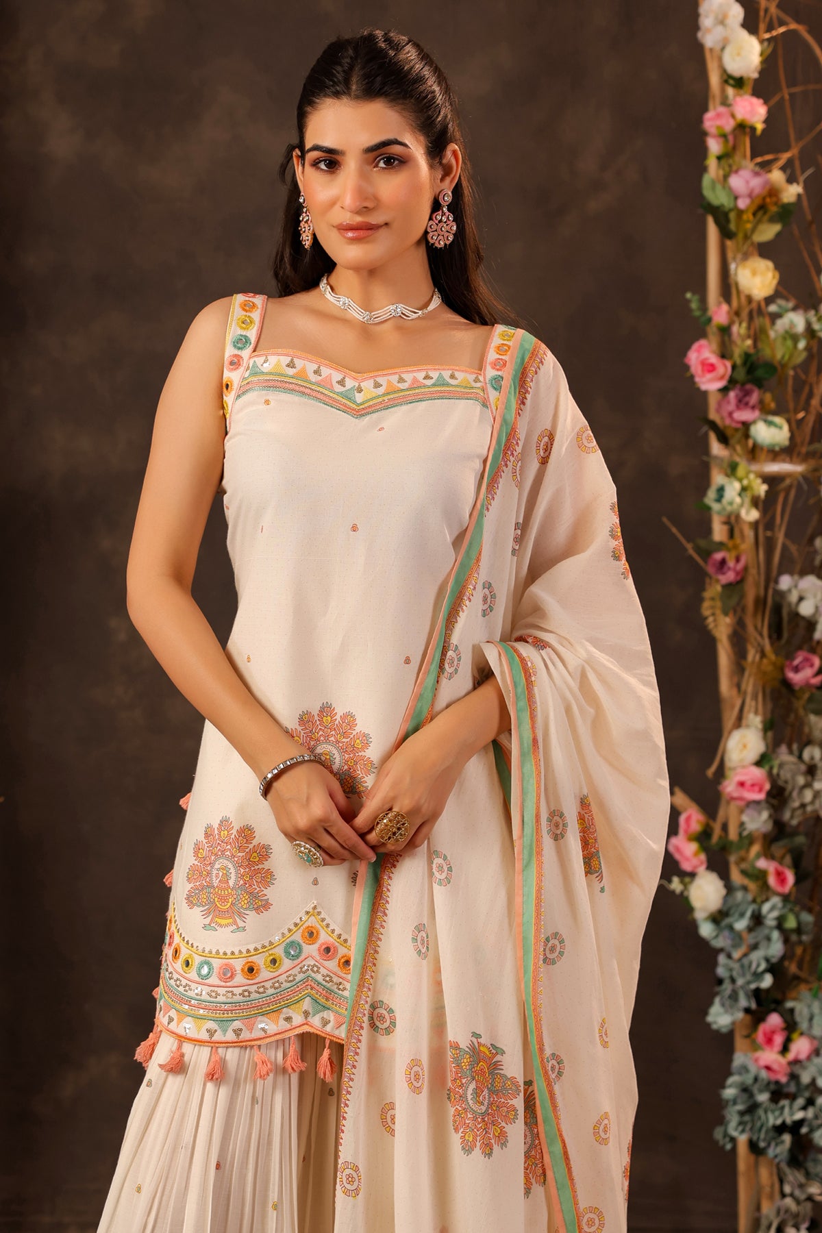 Off White Cotton Embroidered Sharara