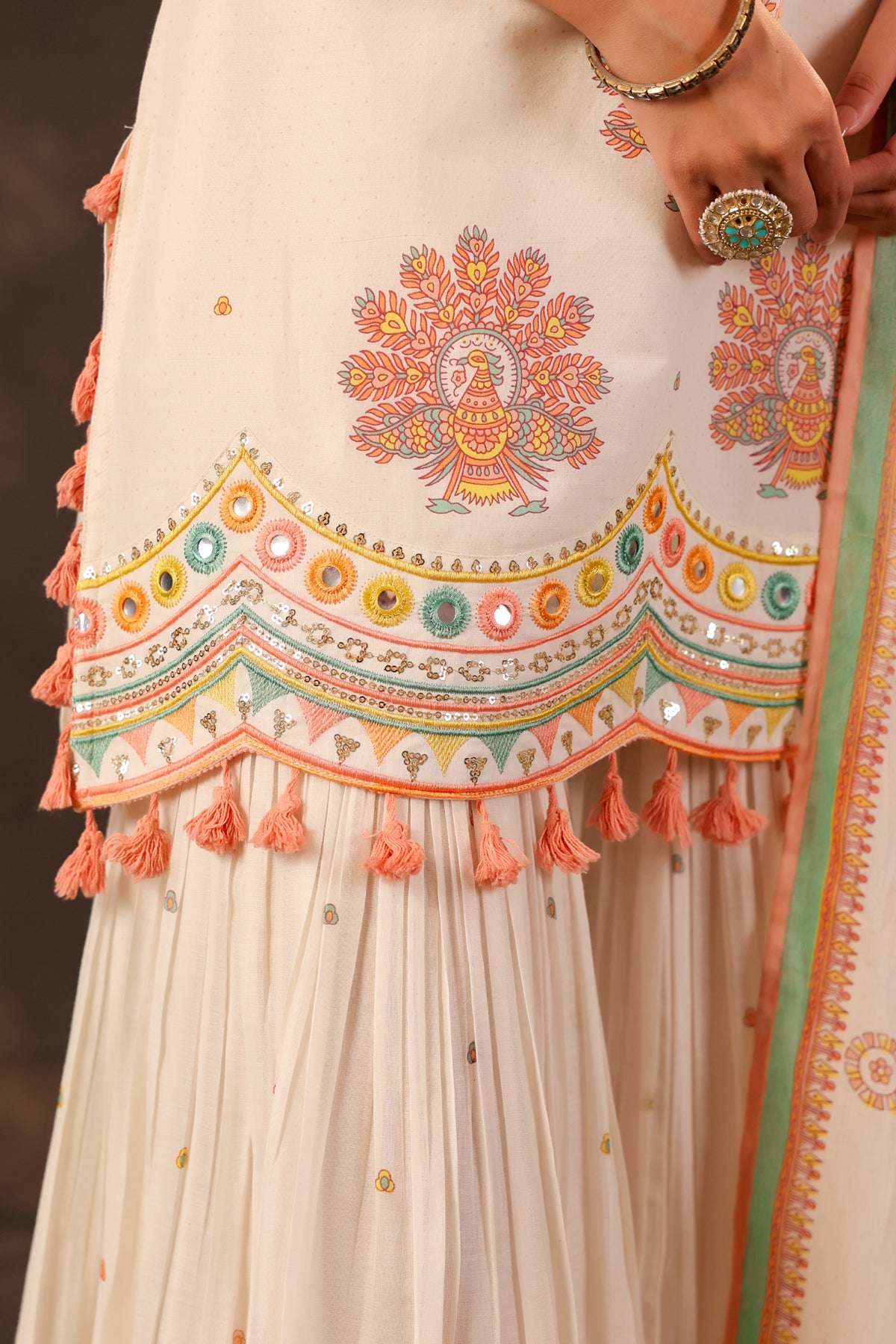 Off White Cotton Embroidered Sharara