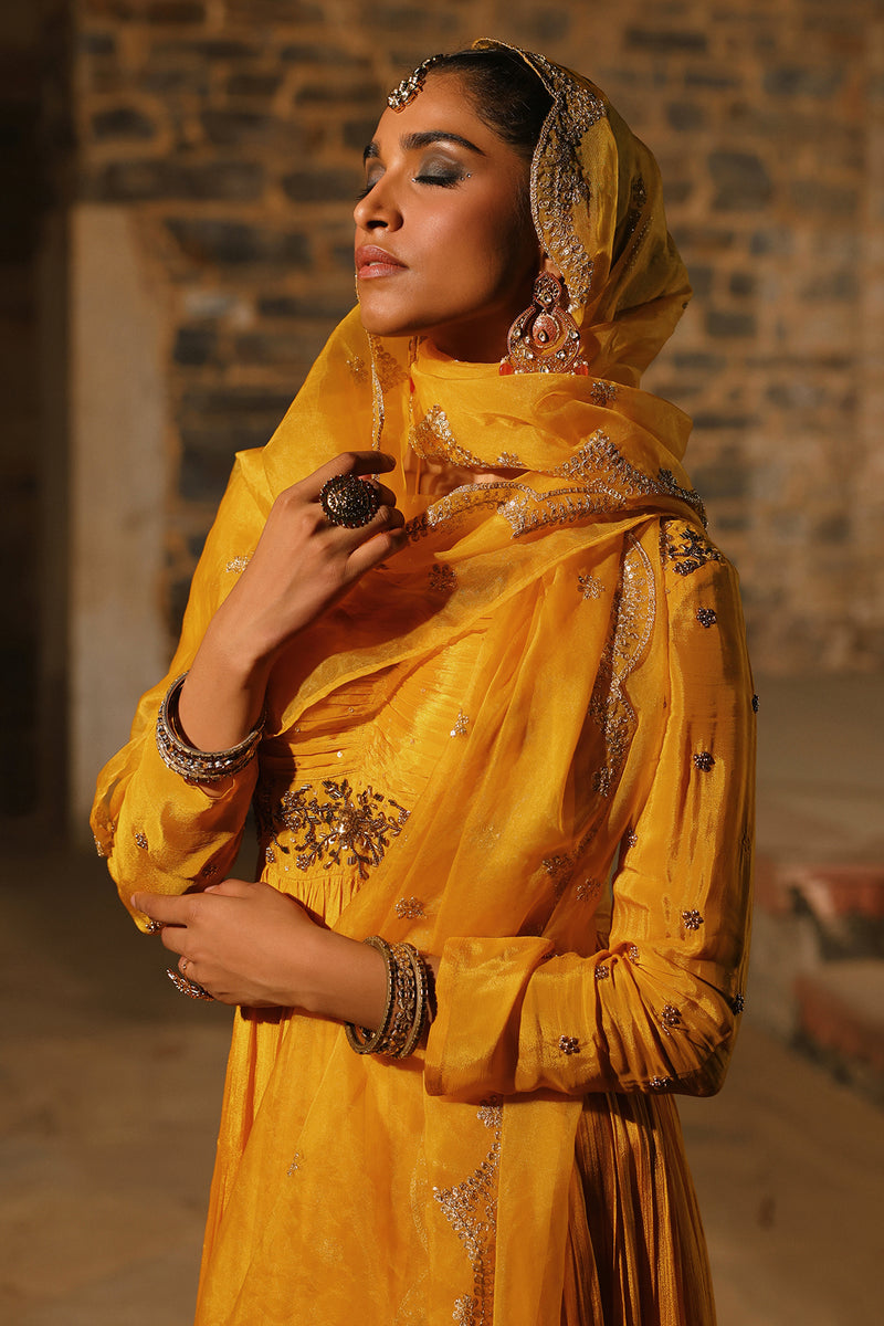 Lashkaara Mustard Chinon Handwork Long Gown With Dupatta