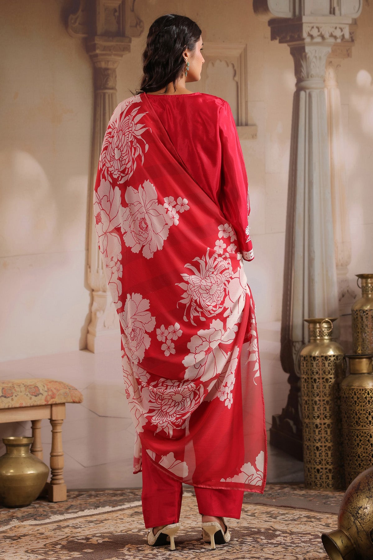 Red Silk Blend Embroidered Suit Set