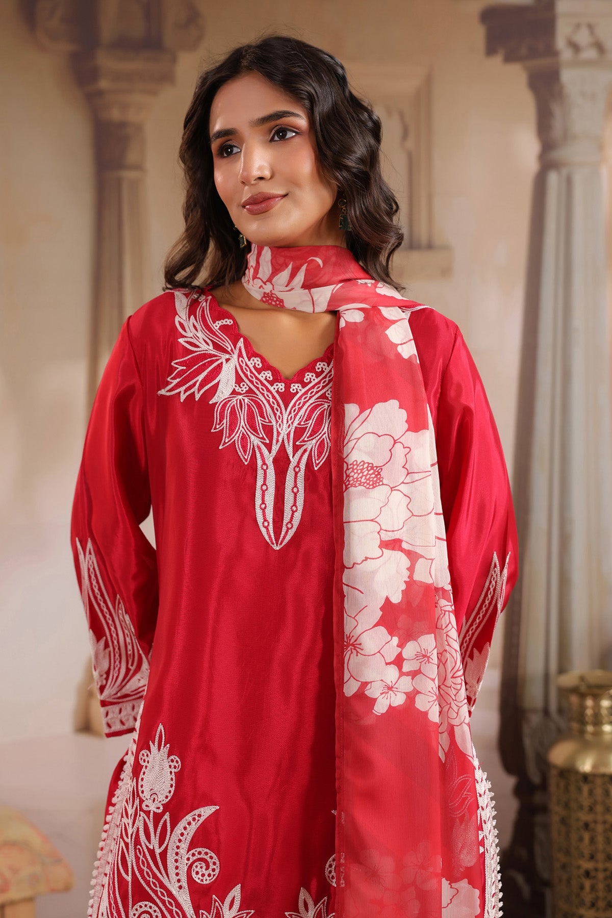 Red Silk Blend Embroidered Suit Set
