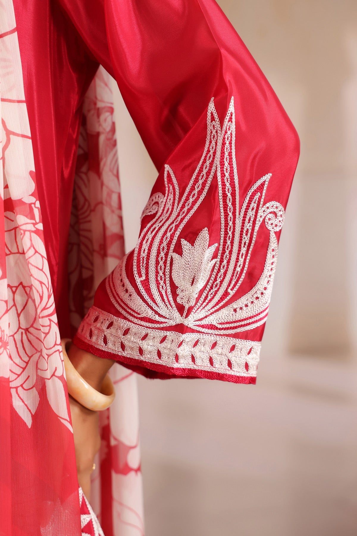 Red Silk Blend Embroidered Suit Set