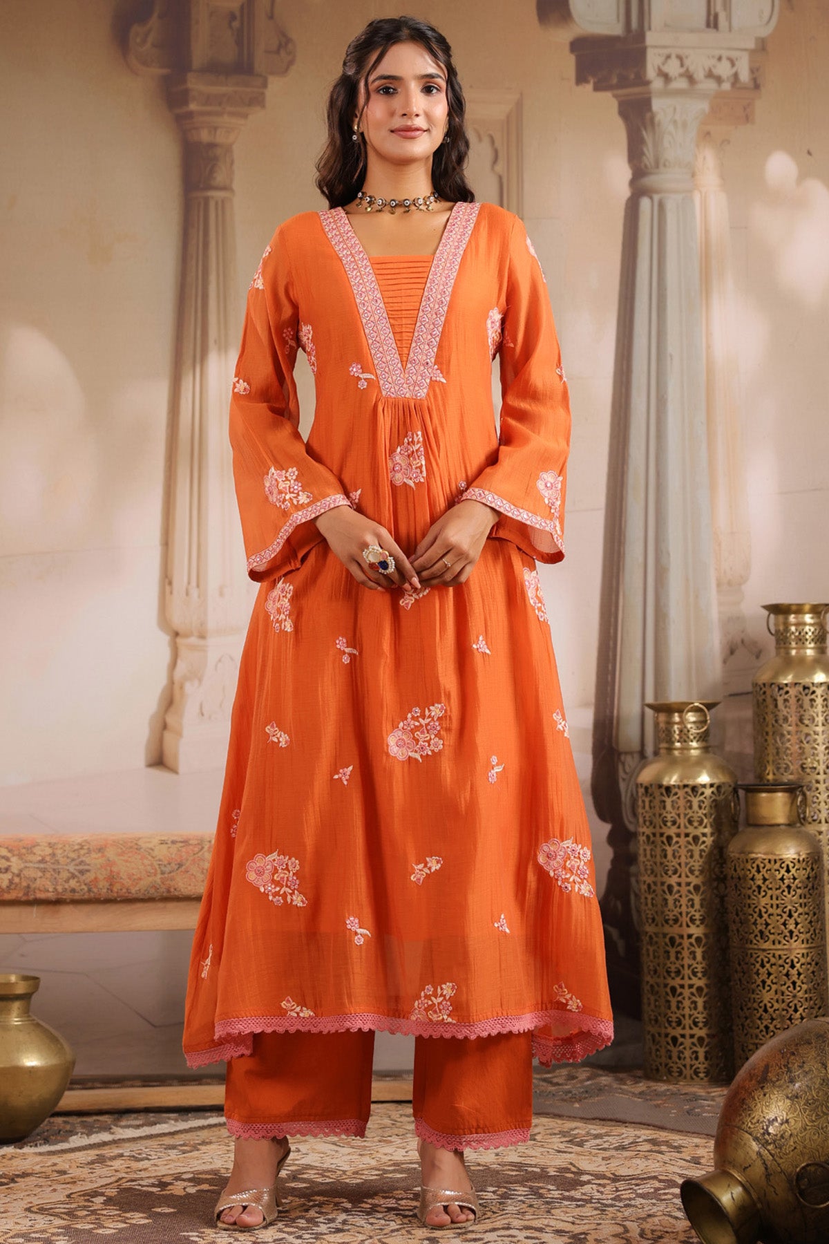 Orange Mul Chanderi Embroidered Suit Set