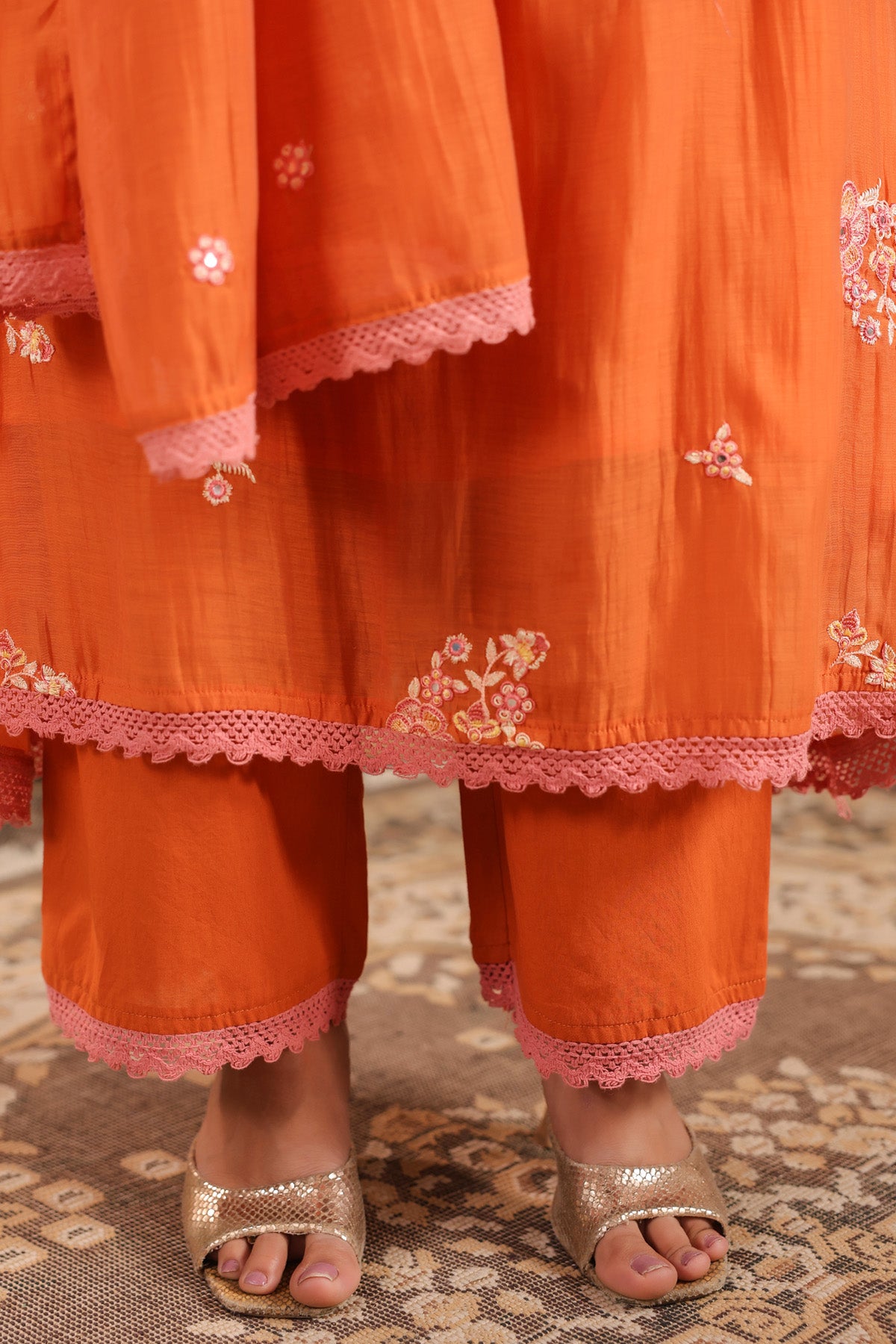 Orange Mul Chanderi Embroidered Suit Set