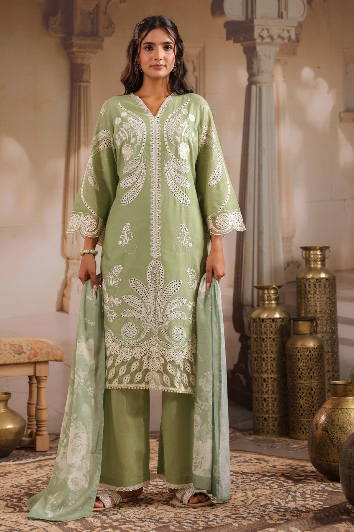 Green Cotton Embroidered Suit Set