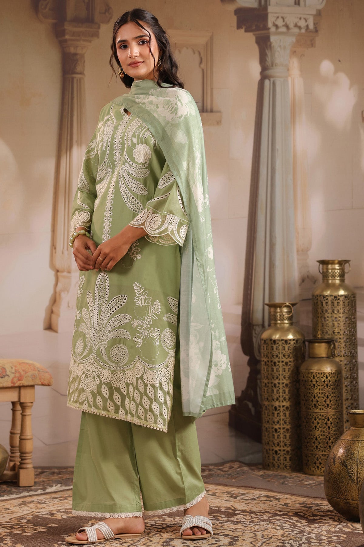 Green Cotton Embroidered Suit Set
