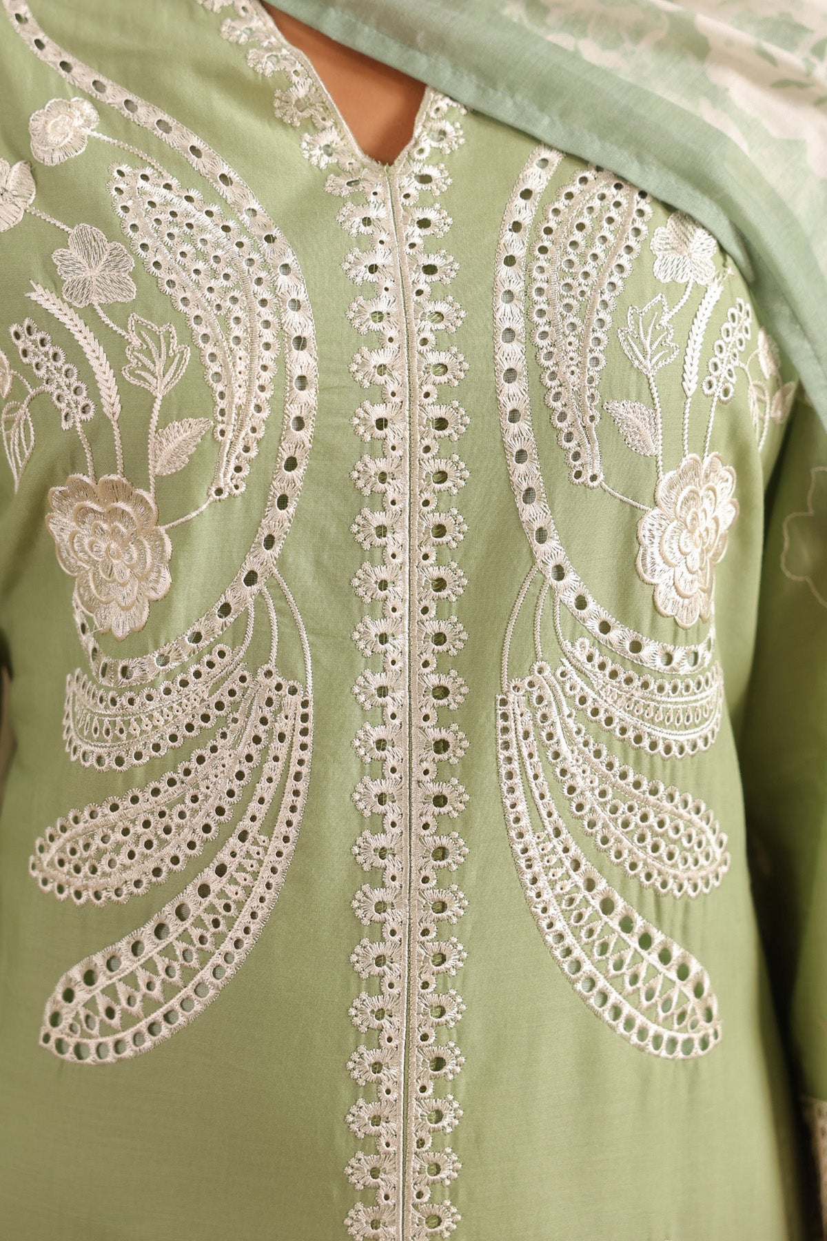 Green Cotton Embroidered Suit Set