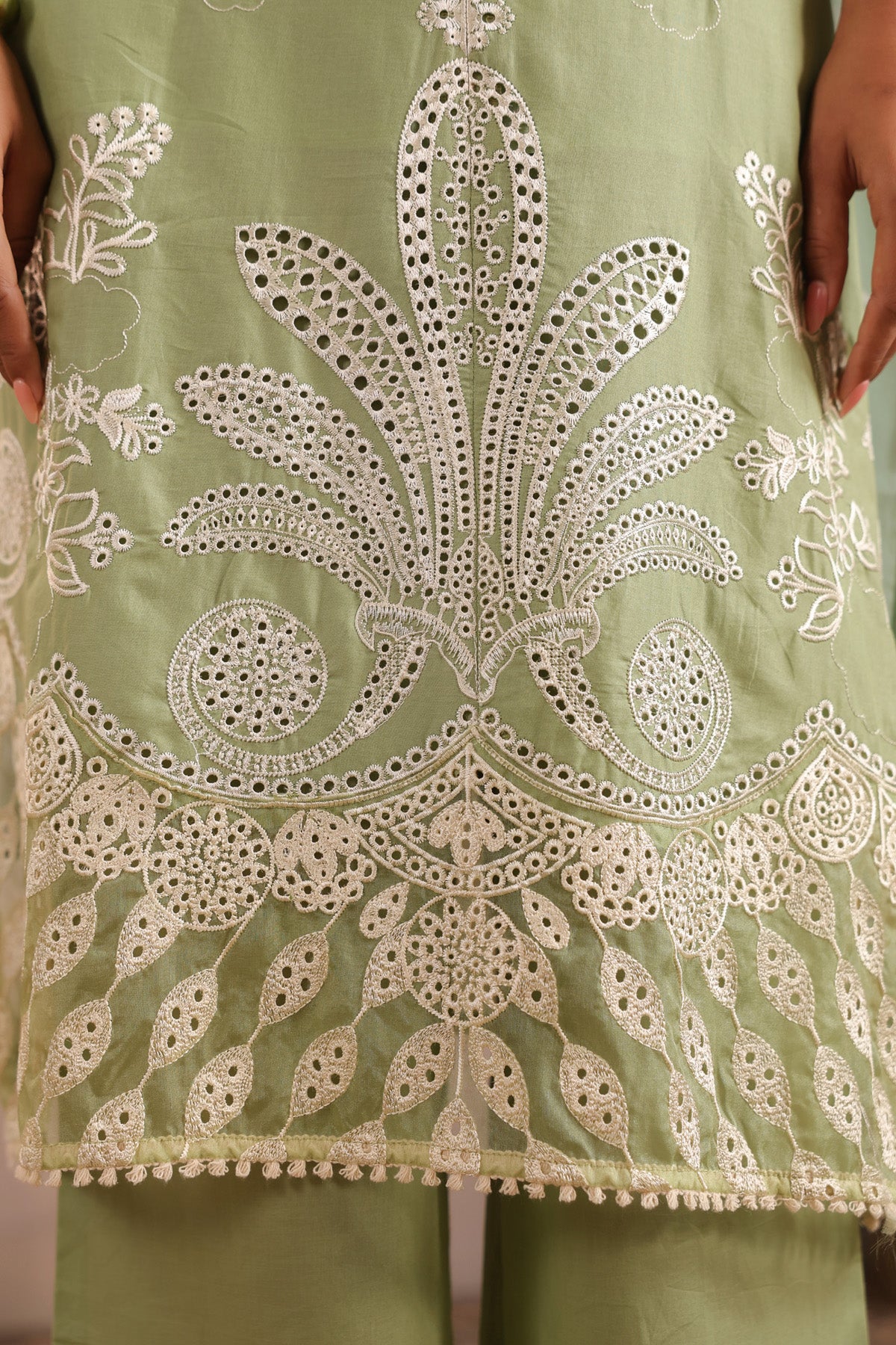 Green Cotton Embroidered Suit Set