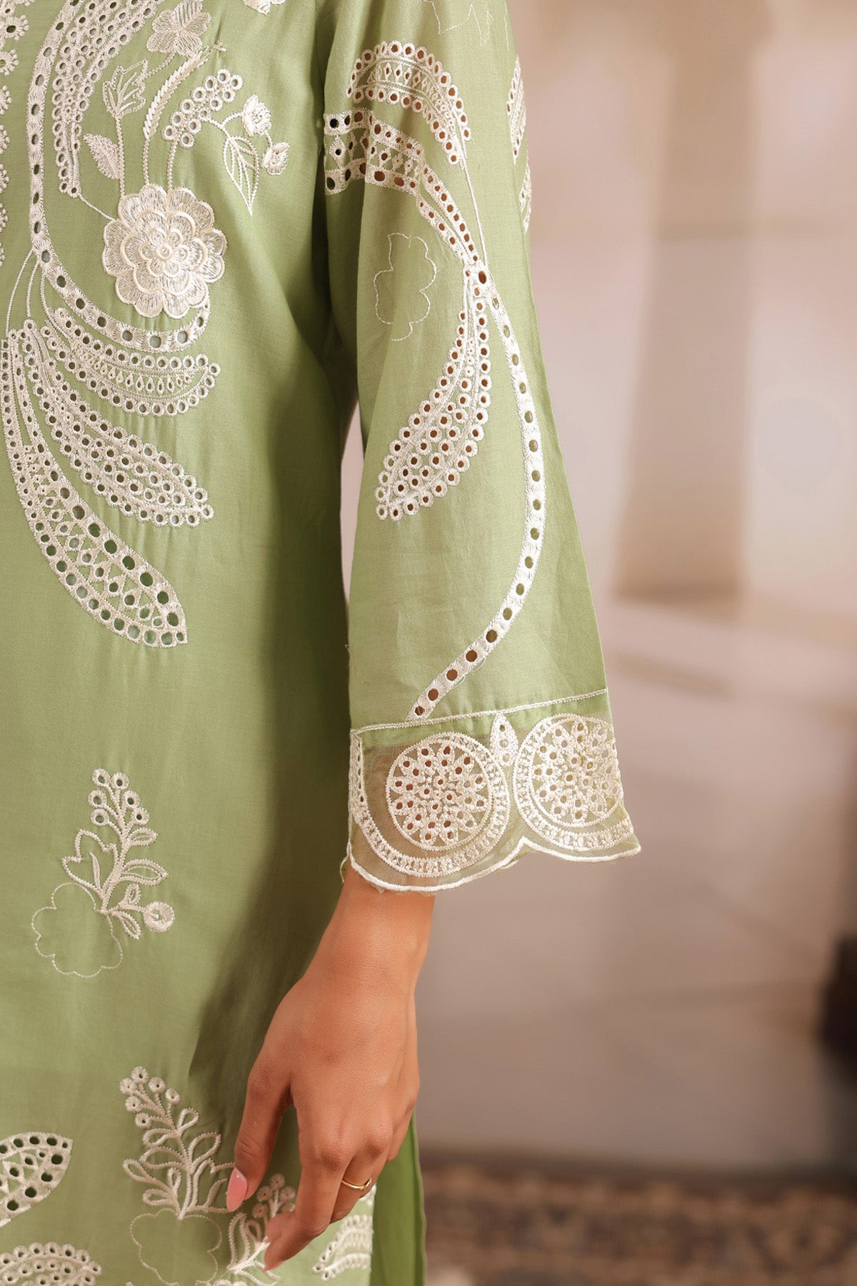 Green Cotton Embroidered Suit Set