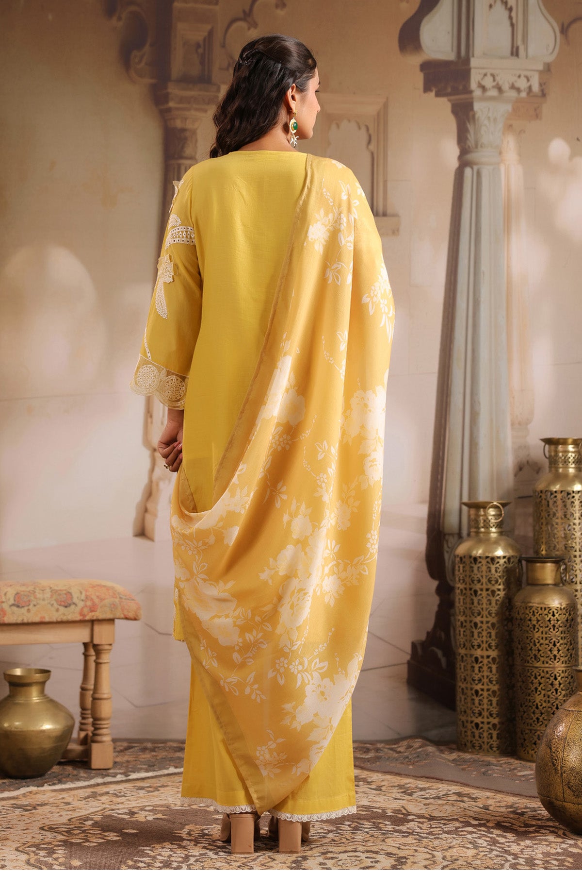 Yellow Cotton Embroidered Suit Set