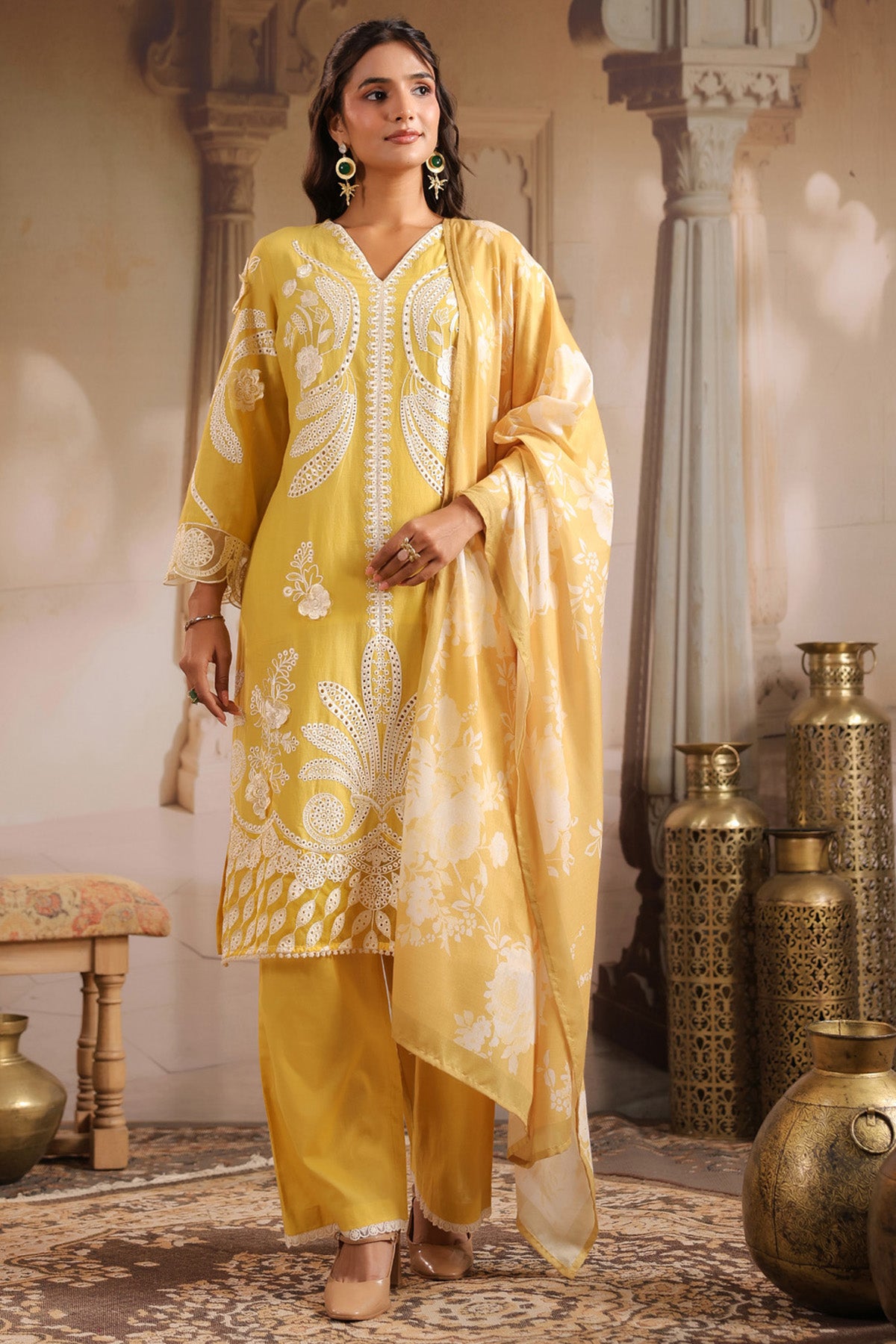 Yellow Cotton Embroidered Suit Set