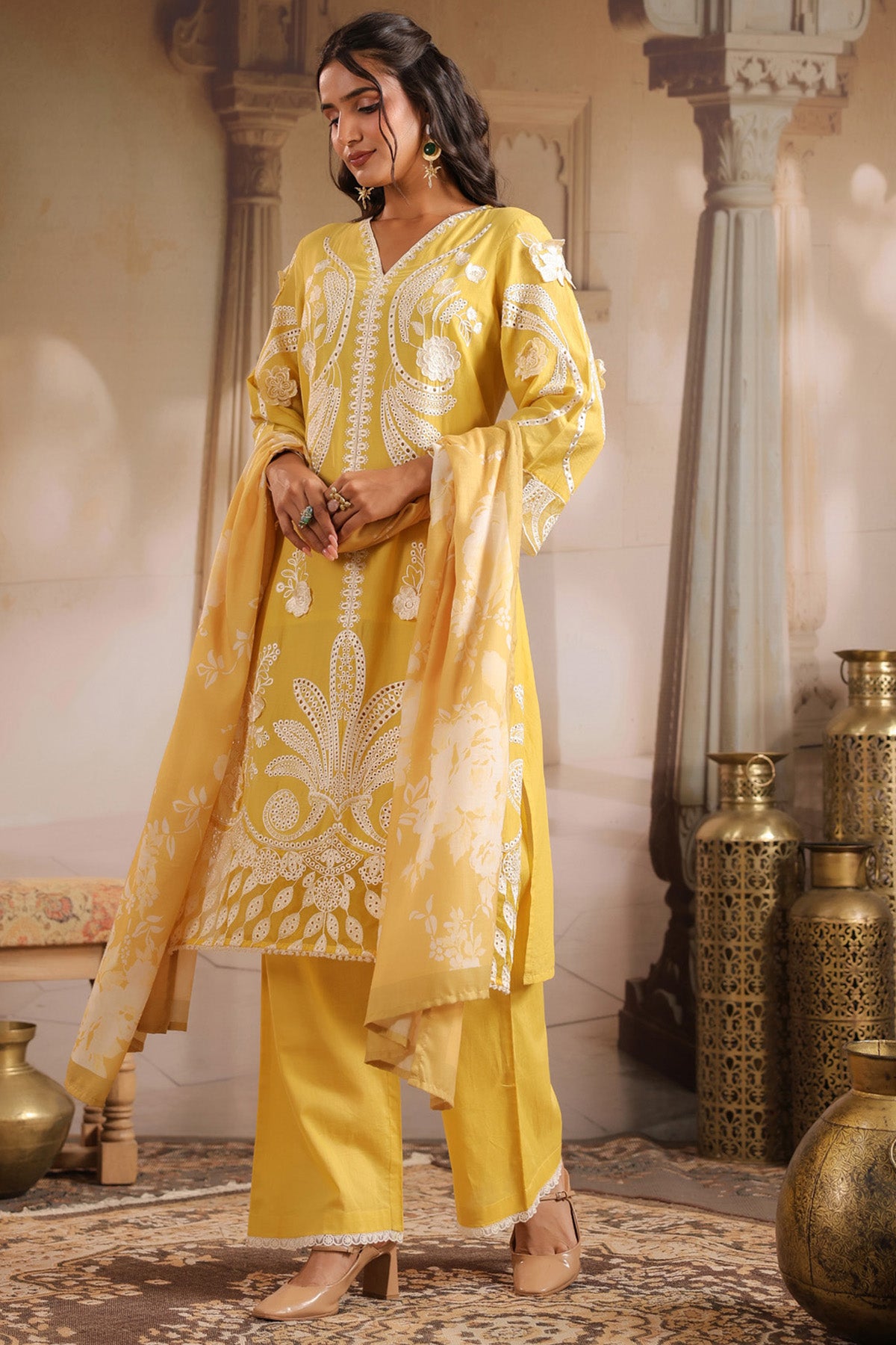 Yellow Cotton Embroidered Suit Set
