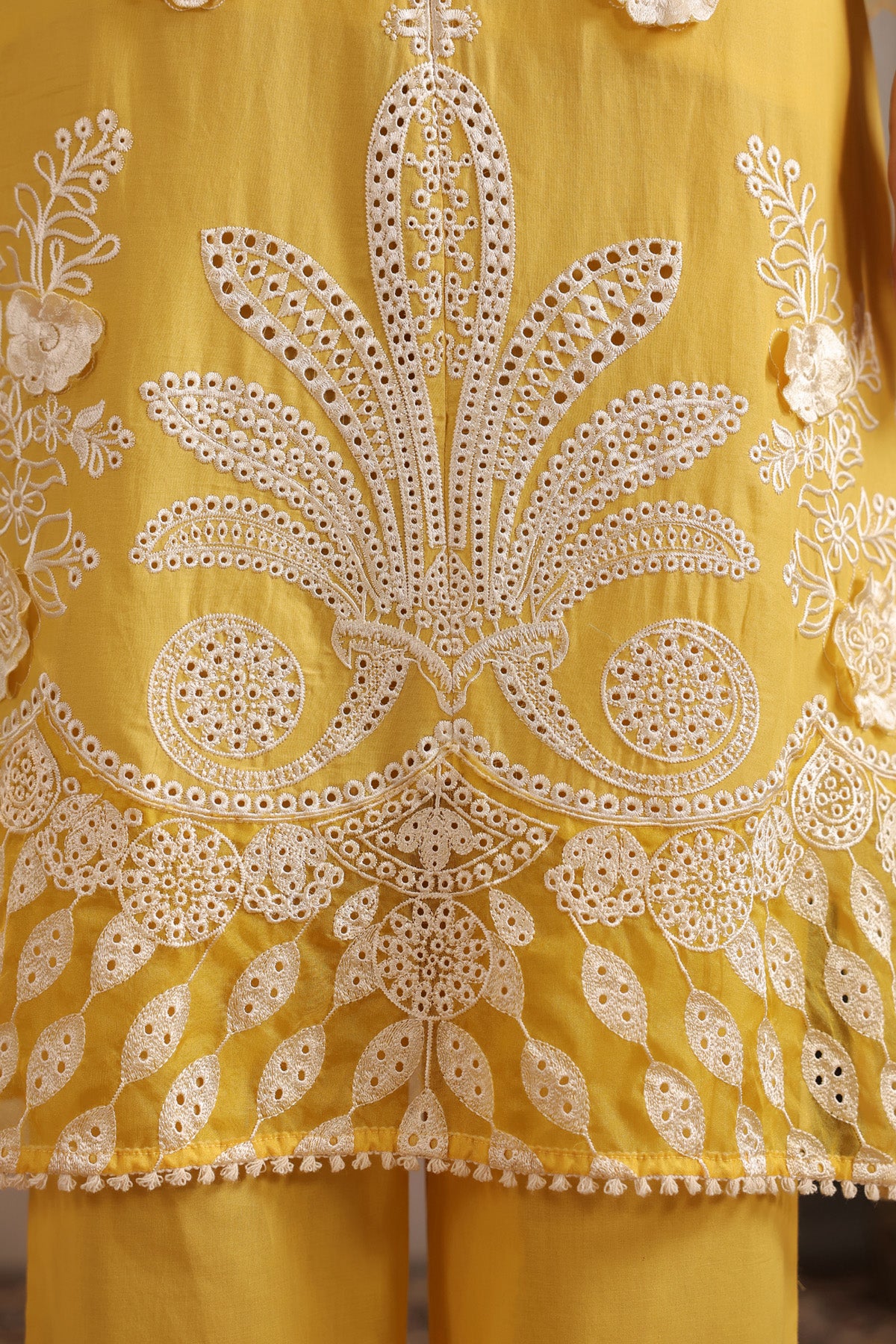 Yellow Cotton Embroidered Suit Set