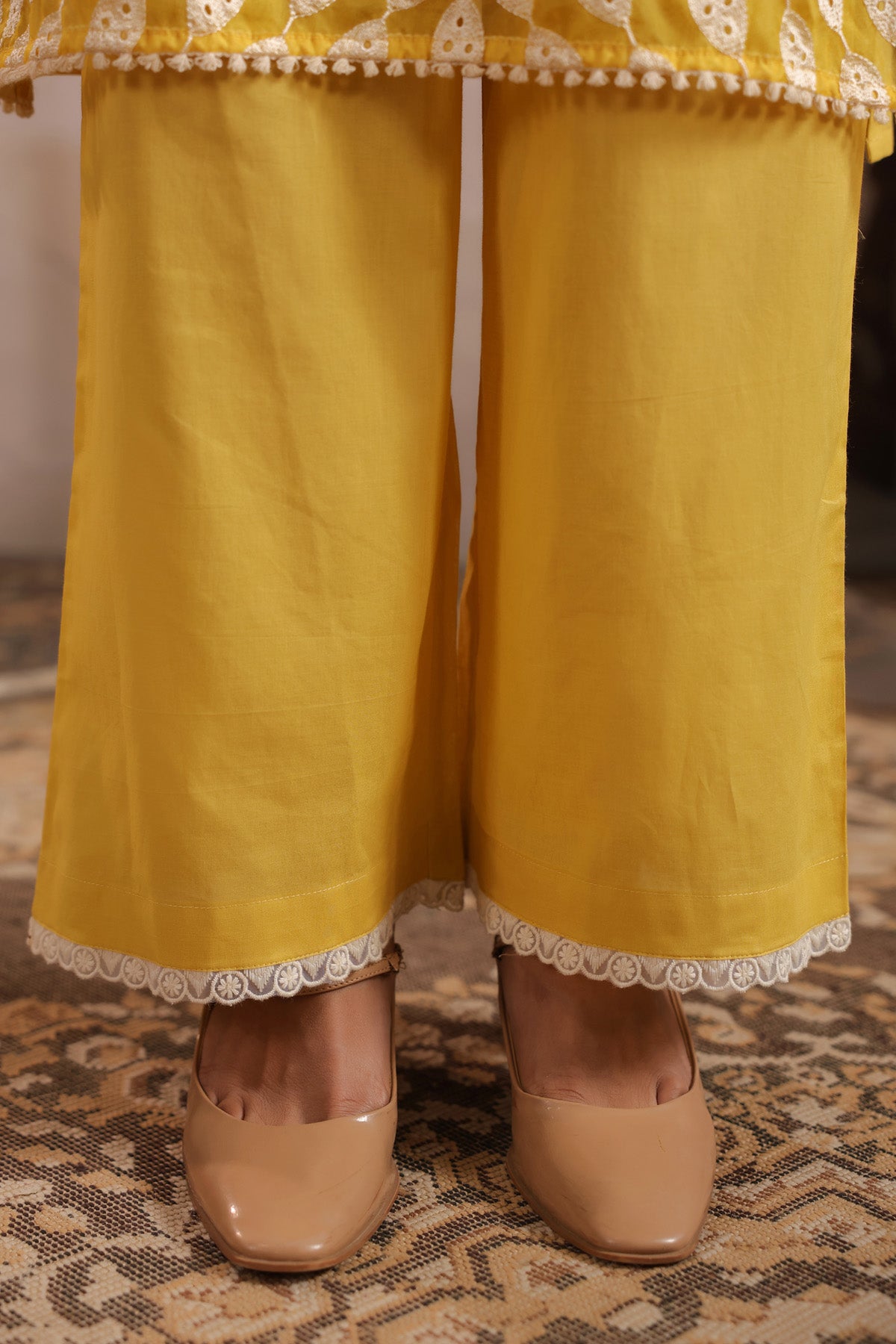 Yellow Cotton Embroidered Suit Set