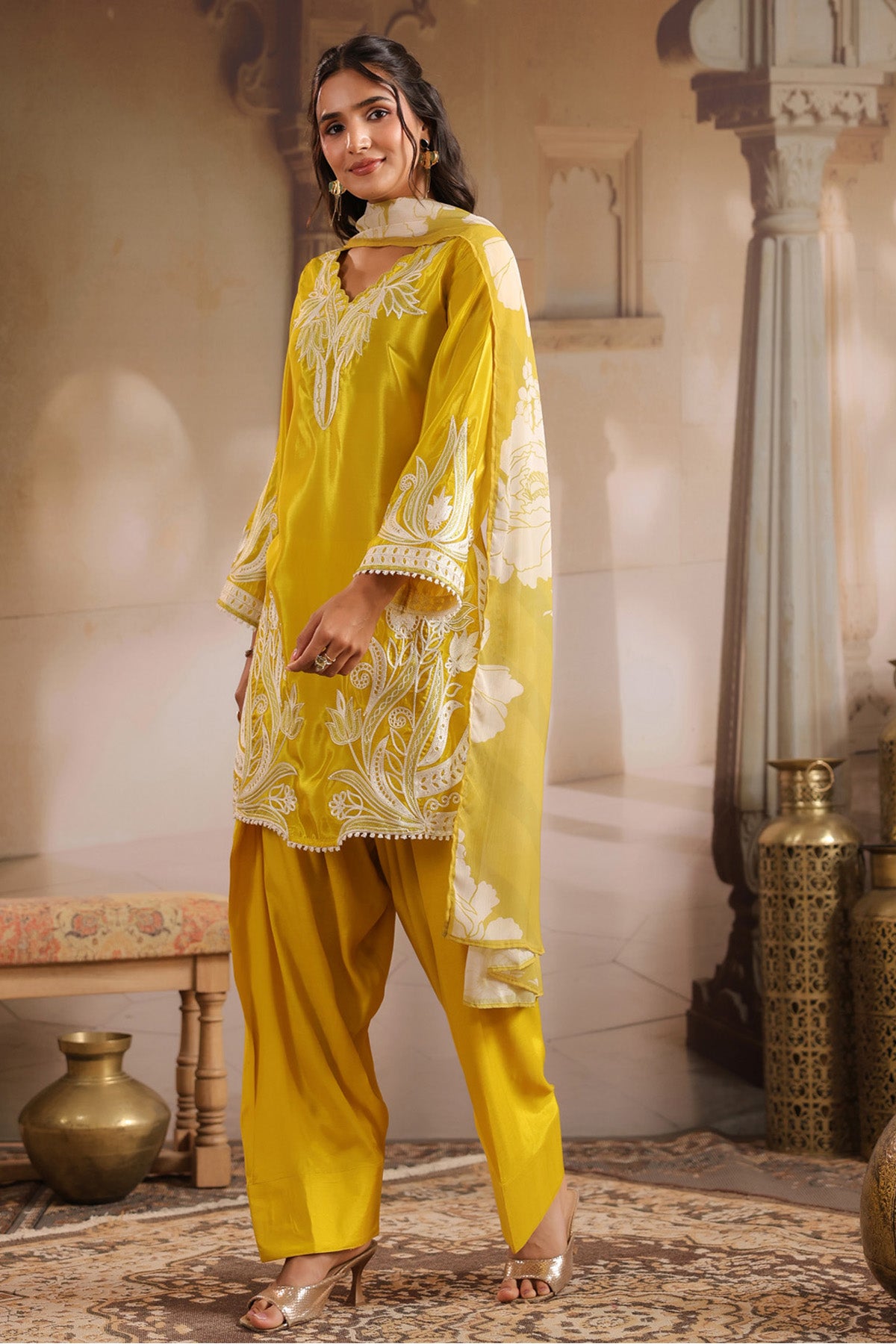 Yellow Silk Blend Embroidered Suit Set